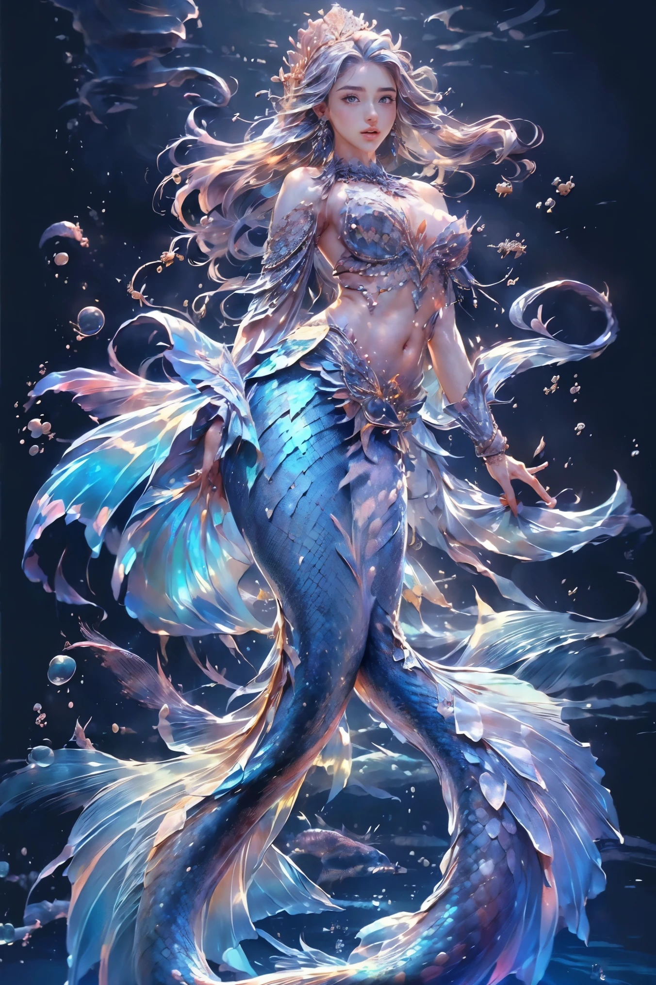 ((masterpiece, highest quality, Highest image quality, High resolution, photorealistic, Raw photo, 8K)), ((Extremely detailed CG unified 8k wallpaper)), (huge stunning goddess shot, very hot and sexy, jaw-dropping beauty, perfect proportions, beautiful body, slim body beauty:1.4), a ((mermaid princess)) with long flowing hair, detailed facial features, ((The lower half is fish without legs, intricate tail scales:1.5)), , It has no legs, but scales and a tail fin, elegant crown, underwater seascape, 