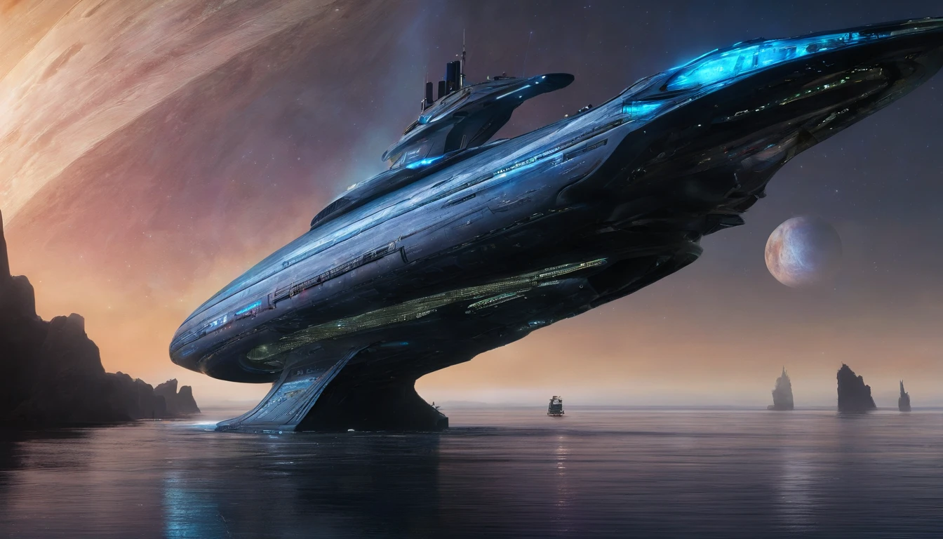 Make a realistic starship out of something resembling (((a humongous steely blue freighter))), that is (((244' long, 72 ft high, & 96 ft wide))) as the base. The bridge is a (((humongous 1960s Shelby Mustang is 45° angle from the front of the 72 ft long, 48 ft wide, & 24 ft high))). Now make 2 nacels, that resemble (((2 Nine Volt batteries))), that are 96' long and tubular, and 90° angle above the back of the ship. There's a mid section made,of very large circular metallic green storage container. This (((ship is orbiting Saturn-Earth-esque& is near one of the planet's Rings))). There's a nebula nearby, & a few ships too. There's are millions of stars, in the background.(((This ship doesn't look like anything, from the Star Trek Franchise))).