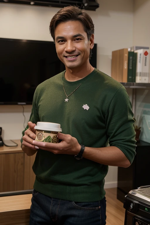 A male livestream retailer who is middle-aged, medium-skinned, and Asian, standing confidently in a modern, well-lit studio, dressed in casual business attire. The retailer exudes trustworthiness and professionalism, with a energetic and lively demeanor. They have brown hair and green eyes, with a warm smile. The background includes a stylish and modern office, a professional camera setup, and soft ambient lighting enhancing the scene. The retailer is engaging with the audience, smiling warmly and holding a product while explaining its features. The image should have intricate fine details, hyper-realistic textures, and a warm, inviting atmosphere. HDRI for dynamic lighting, 32k UHD resolution, rendered with Blender, capturing every nuance of the scene.