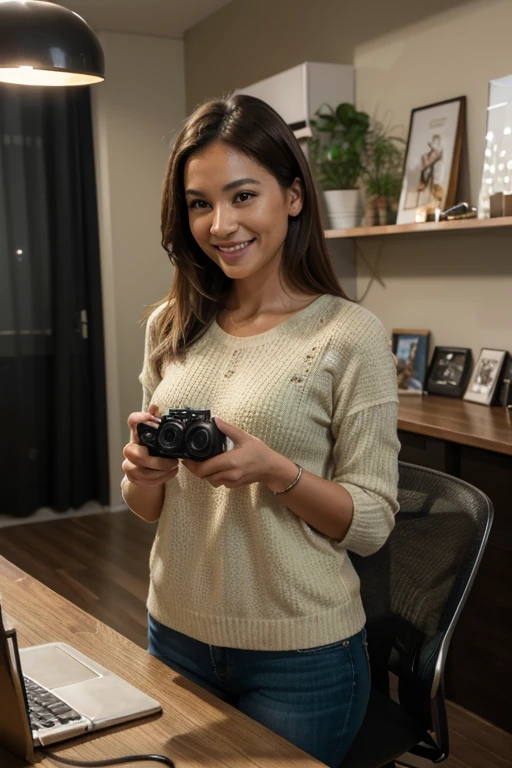 A male livestream retailer who is middle-aged, medium-skinned, and Asian, standing confidently in a modern, well-lit studio, dressed in casual business attire. The retailer exudes trustworthiness and professionalism, with a energetic and lively demeanor. They have brown hair and green eyes, with a warm smile. The background includes a stylish and modern office, a professional camera setup, and soft ambient lighting enhancing the scene. The retailer is engaging with the audience, smiling warmly and holding a product while explaining its features. The image should have intricate fine details, hyper-realistic textures, and a warm, inviting atmosphere. HDRI for dynamic lighting, 32k UHD resolution, rendered with Blender, capturing every nuance of the scene.