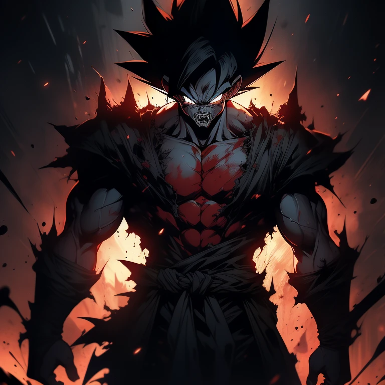 a zombie goku, detailed muscular body, saiyan armor, glowing red eyes, sharp teeth, dripping blood, dramatic lighting, cinematic composition, moody dark atmosphere, epic fantasy, dark fantasy, dynamic pose, digital art
