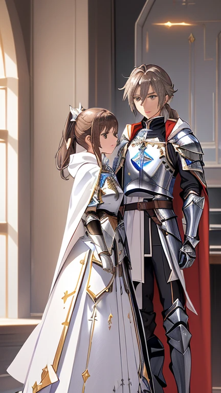 Asuna, Asuna_(performer), (One Girl,alone) ,Fantasy, High resolution, 19 Private, original, (Wear it in a sheath on your waist:1.3), smile, (White Knight Wizard Long Cape:1.55), short hair, Medium chest, View Viewer, bangs ,Fine hazel brown eyes, Beautiful background, ((Asahi,Western-style private room)), Place your hand on your chest,(Brown Hair,Short Ponytail:1.5), (Platinum Knight Wizard Full Armor:1.55),short hair, Are standing,Straight, Couple,(whole body:1.1), White knee-high,(Couple:1.4),