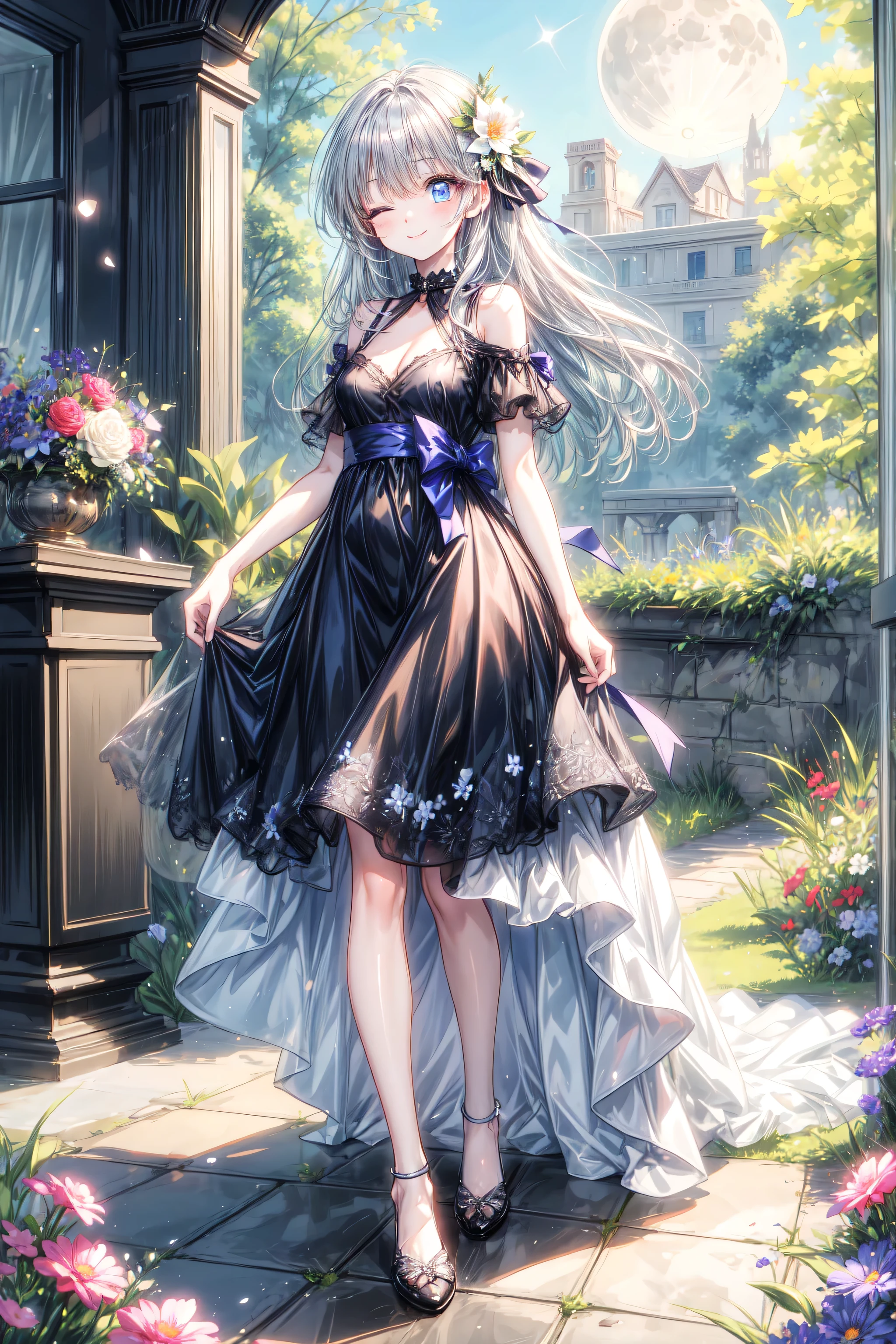 ((highest quality)), ((masterpiece)), (detailed), Perfect Face ,masterpiece, best quality, extremely detailed, anime, girl, blue eyes, silver hair, 8K, 4K,longhair,colorful,Wedding dress,small breast,expressive eyes,perfect face, moe, kawaii,cute,dress,eye focus, spectacular view, diamond shaped eyes, full body, smile,flower garden, eyes closed, night, moon
