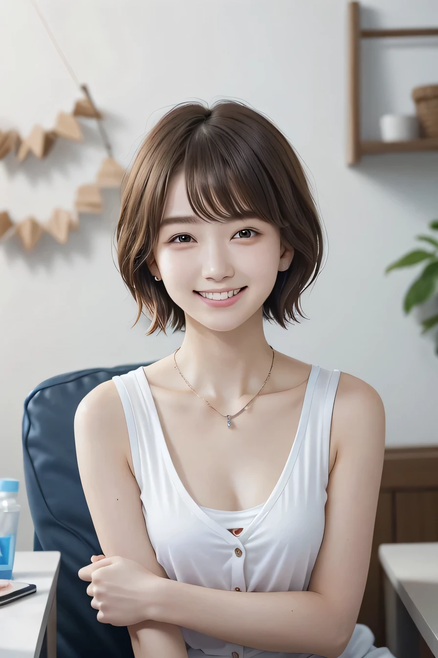 205 ((short hair)), 20-year-old female, In underwear、cardigan、 A refreshing smile、Beautiful teeth alignment、、Dark brown hair、ear piercing、Necklace around the neck、Looking into the camera

