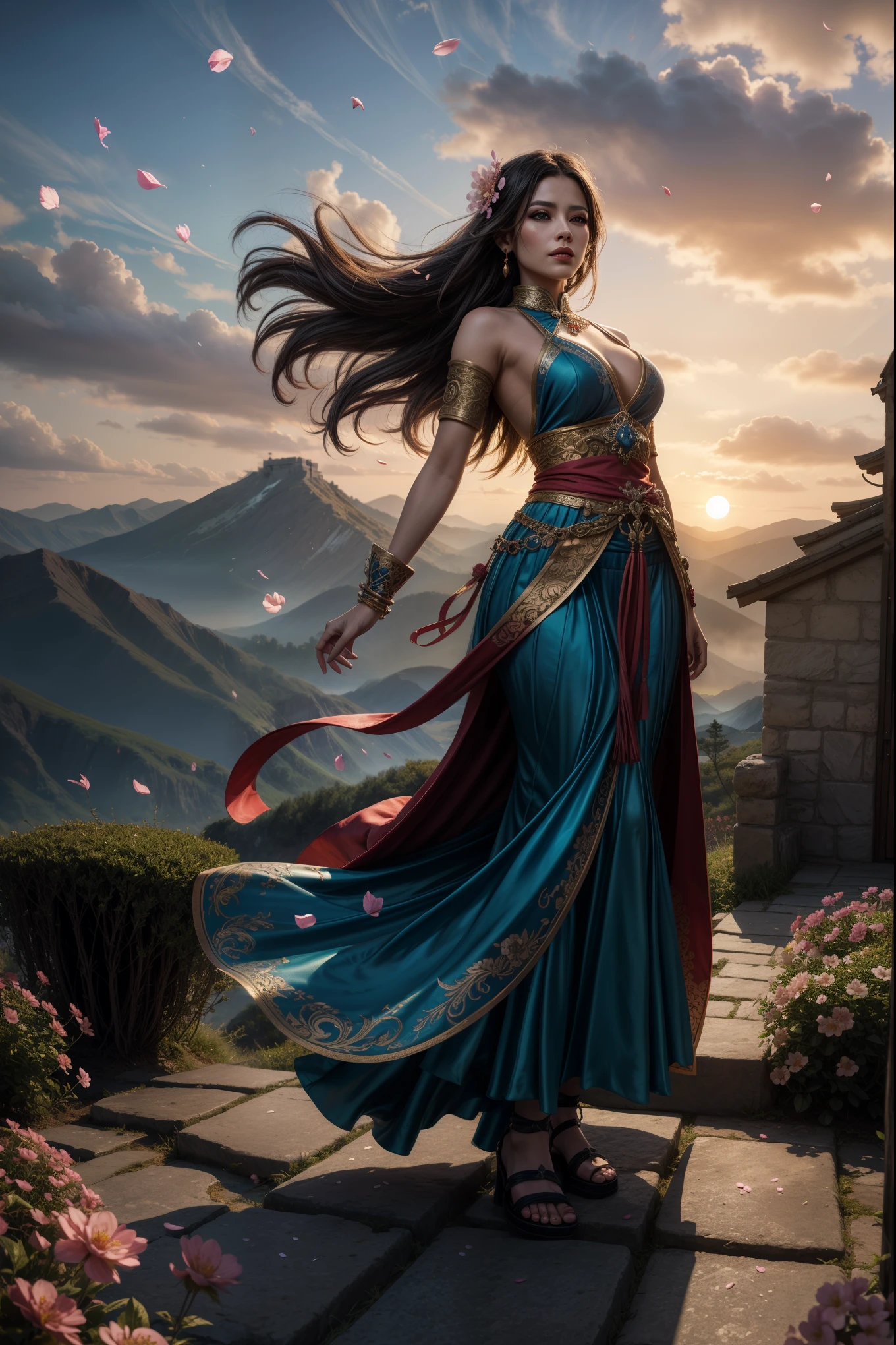 Epic fantasy concept art, oil illustration, beautiful European woman 30 years old with very long dark hair flowing in the wind, dressed in blue Asian fantasy outfit of oriental beauty with precious jewelry and long ribbons, symmetrical body, symmetrical arms, flowing long layered skirt with floral pattern, woman standing at full height in an expressive dramatic pose high in the mountains, wind, (flying flower petals: 1.3), cherry blossom trees, flowers, mountains far in the background, waterfalls, ancient Chinese castle, (background detail) , sunset, sunset sky with clouds, symmetrical, random perspective, (High detail: 1.2), hdr, computer graphics, (complex detail: 1.1), best quality, (artstation: 1.3), (epic fantasy: 1.1 ), epic realism, (cinematic: 0, 8), masterpiece, dark fantasy, cinematic atmosphere, rich colors,