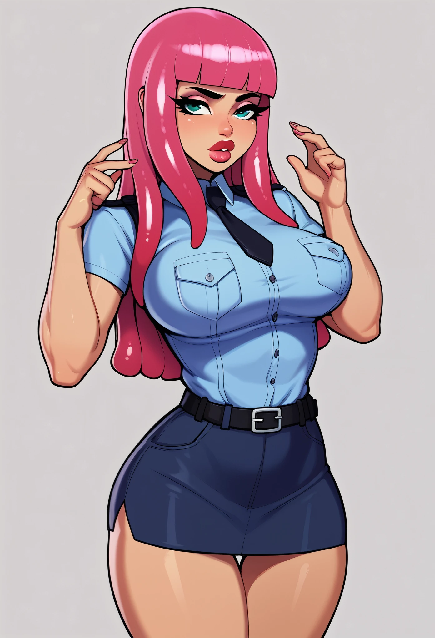 score_9, score_8_up, score_7_up, score_6_up, score_5_up, score_4_up, BREAK 1girl, light blue tentacle hair, dark skin, thick lips, long eyelashes, stern expression, standing, blunt bangs, adult, BREAK solo, large breasts, adult, skinny, arched back, thigh gap, wearing police outfit, BREAK (office background:1.2), simple background, innocent, lovely, adorable, dynamic pose