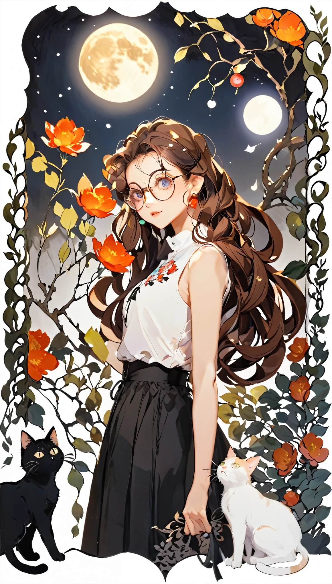 paper cutting style, 1 girl and 1 cat, long brown hair, curly hair, sleeveless shirt and black skirt, moon, glasses