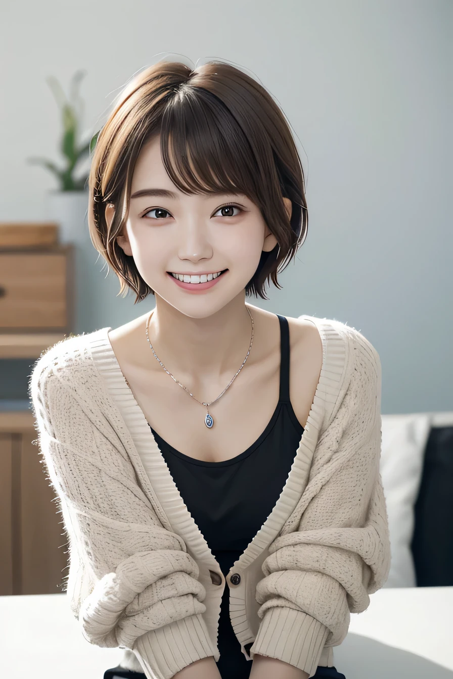 205 ((short hair)), 20-year-old female, In underwear、cardigan、 A refreshing smile、Beautiful teeth alignment、、Dark brown hair、ear piercing、Necklace around the neck、Looking into the camera

