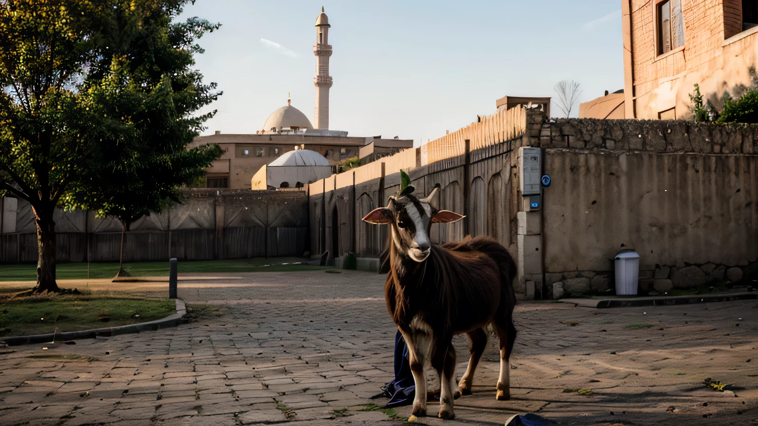 goat with a mosque in the background