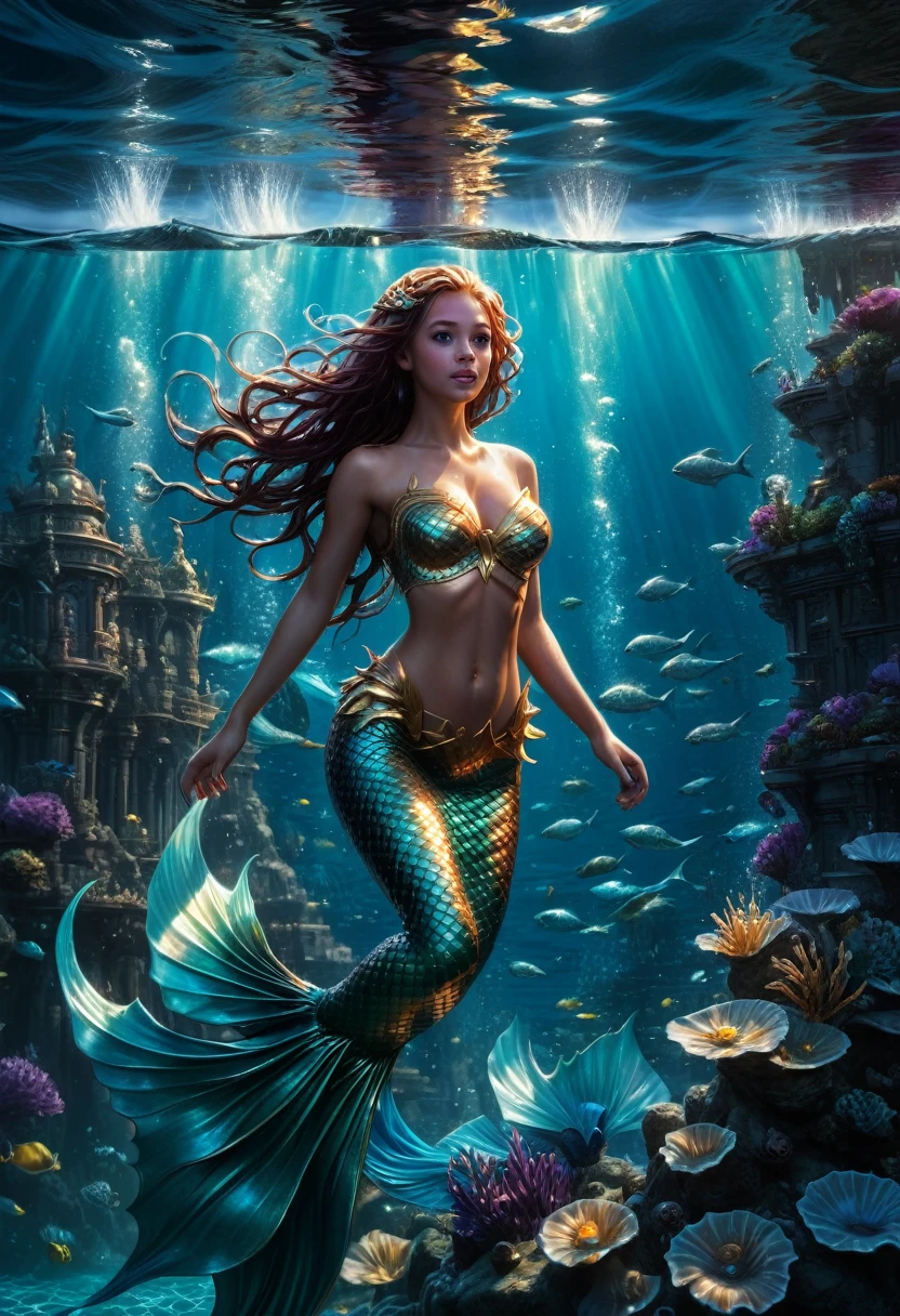 Mermaid Princess, macro mermaid princess swimming in the ocean; Epic cinematic brilliant stunning intricate meticulously detailed dramatic atmospheric maximalist digital matte painting Mark Brooks and Dan Mumford, comic book art, perfect, smooth oil painting by James Gurney trending on Artstation Unreal Engine 5 3D shading shadow depth volumetric lighting