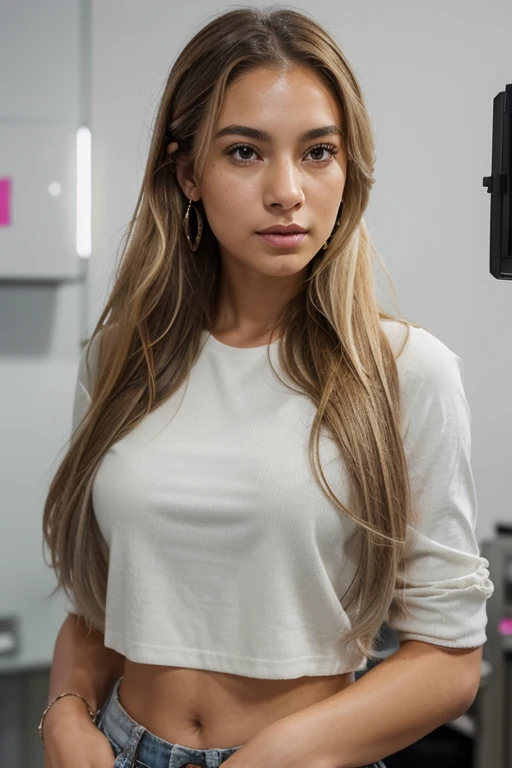 A captivating and intricately detailed image captures a young, mixed-race female livestream retailer standing confidently in a modern, well-lit studio adorned with a clean white backdrop. She is dressed in casual business attire that emphasizes her professionalism and lively demeanor. Her blonde hair cascades down her shoulders, framing her striking gray eyes, which sparkle with energetic enthusiasm. A pair of earrings add a touch of personal style to her appearance.
The retailer warmly engages with the audience, holding a product up to demonstrate its features while maintaining a trustworthy and welcoming expression. In the background, a professional camera setup bathed in