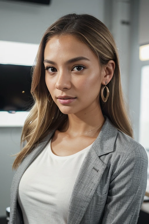 A captivating and intricately detailed image captures a young, mixed-race female livestream retailer standing confidently in a modern, well-lit studio adorned with a clean white backdrop. She is dressed in casual business attire that emphasizes her professionalism and lively demeanor. Her blonde hair cascades down her shoulders, framing her striking gray eyes, which sparkle with energetic enthusiasm. A pair of earrings add a touch of personal style to her appearance.
The retailer warmly engages with the audience, holding a product up to demonstrate its features while maintaining a trustworthy and welcoming expression. In the background, a professional camera setup bathed in