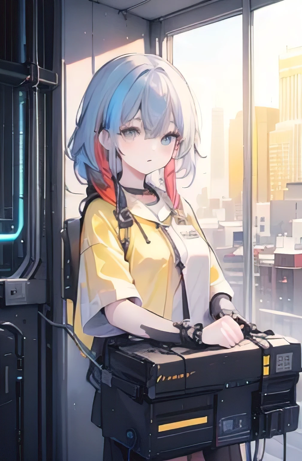 (1girl),character, (masterpiece:1.3), (best cinematic quality:1.2), (extremely detailed setting:2), (soft+artistic lighting),short blue haired, (eyes+yellow+red:1.4), (multicolored eyes+heterochromia), wearing cyberpunk clothes, futuristic, technological, city scenery with ,giving dramatic scenery.