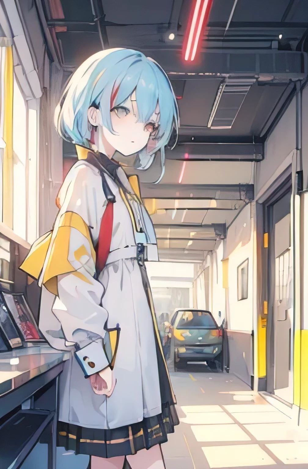 (1girl),character, (masterpiece:1.3), (best cinematic quality:1.2), (extremely detailed setting:2), (soft+artistic lighting),short blue haired, (eyes+yellow+red:1.4), (multicolored eyes+heterochromia), wearing cyberpunk clothes, futuristic, technological, city scenery with ,giving dramatic scenery.