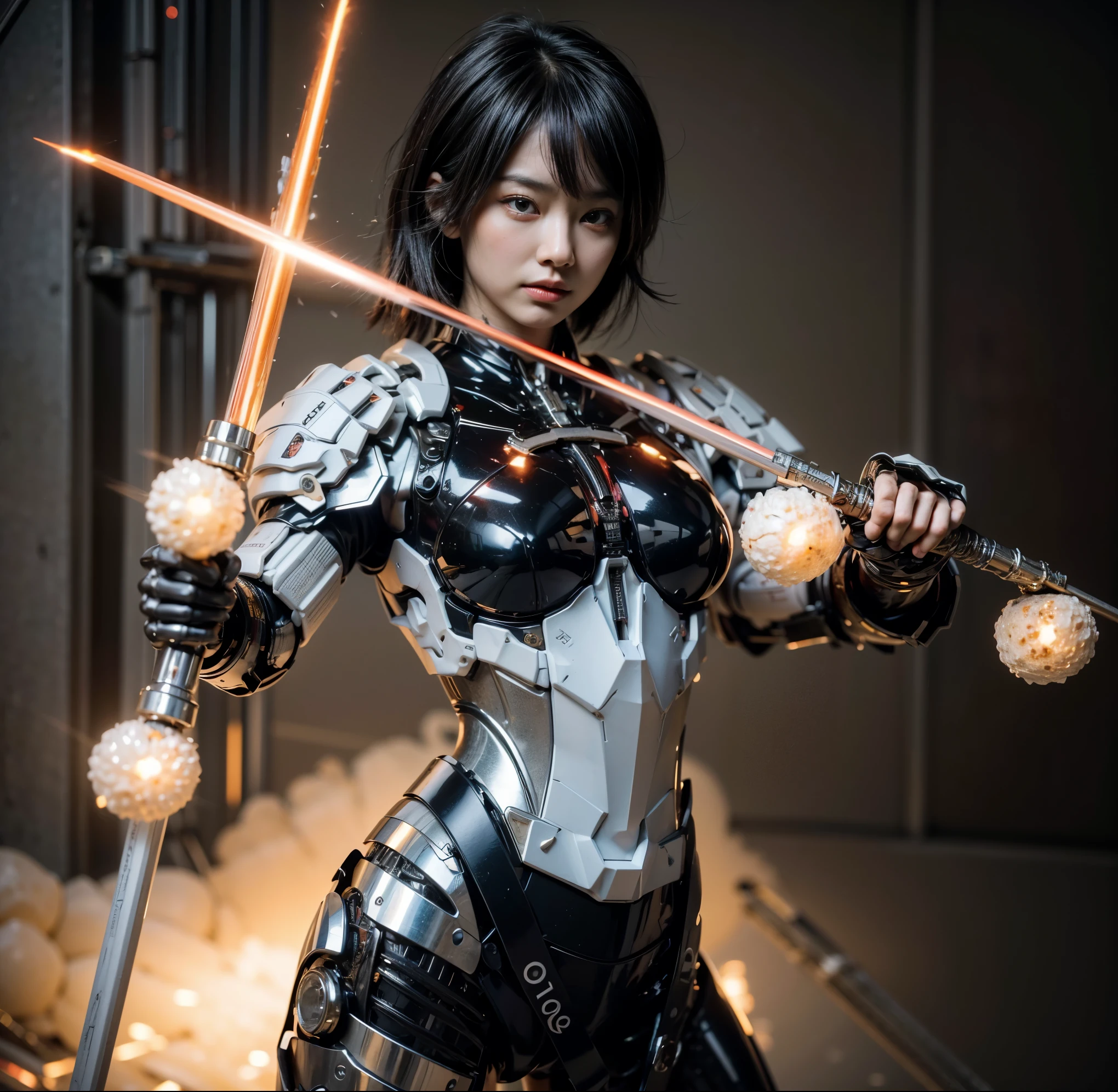 beautiful woman warrior, Japanese face, short black hair, full heavy metal armor modern Japanese style cyborg, red color with white details, in each hand she holds ultramodern swords with laser edge, she is in a completely destroyed modern Asian city, Fire, Explosions, smoke, 4k, Ultra detailed image, realistic, Highly detailed, perfect composition, splendid, Intricately detailed, Incredibly detailed, 8 k artistic photography, hyper detailed, Masterpiece, Ultra detailed, hyperrealistic, 4k, Ultra detailed image, realistic, Highly detailed, perfect composition, splendid, Intricately detailed, Incredibly detailed, 8K fine art photography, hyper detailed, Masterpiece