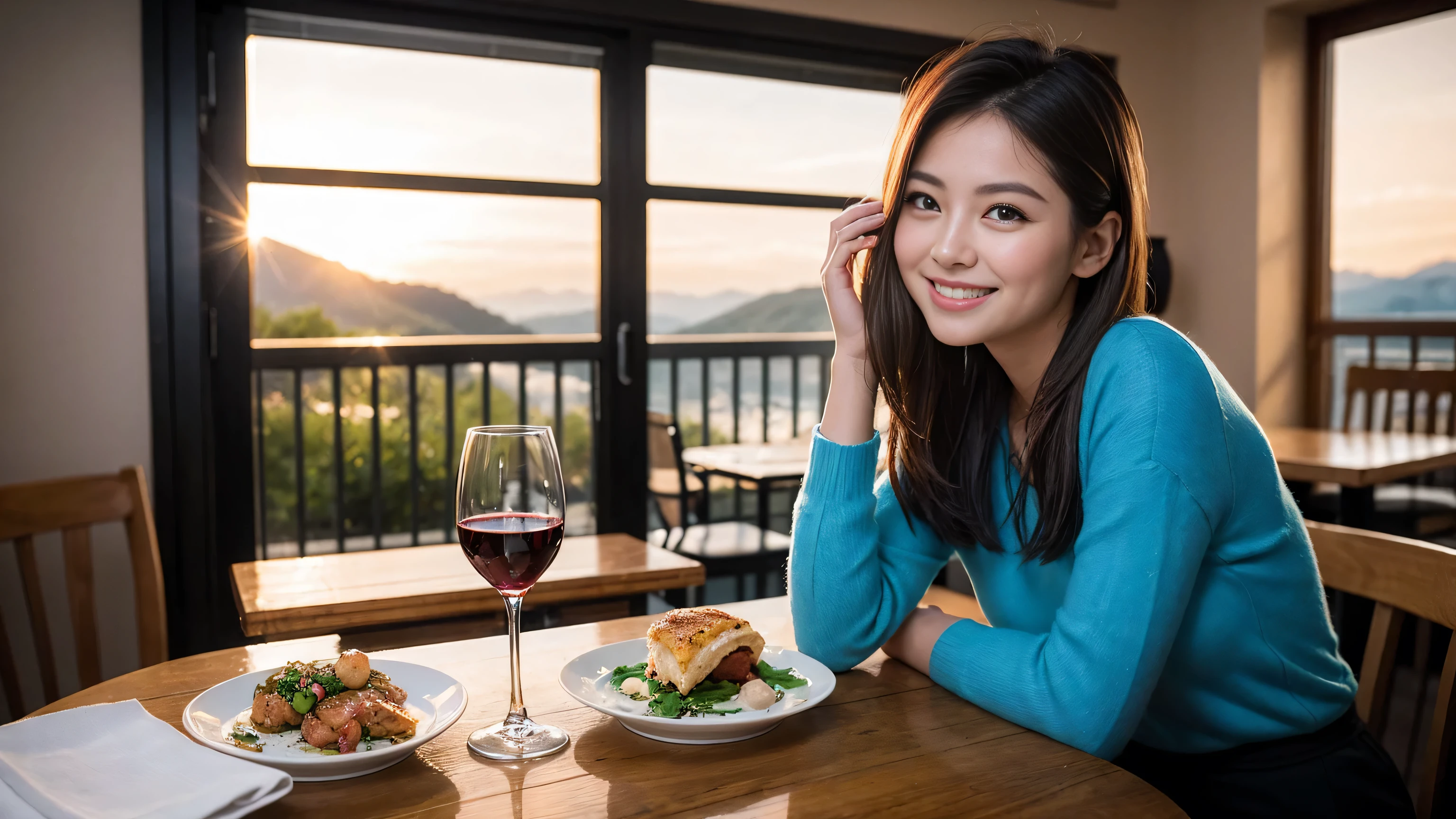 ((highest quality、8k、masterpiece:1.3))、1 male、1 female、Couple、Spouse、Couple、The body is slim、((Bob Hale、Straight hair:1.2)), (Realistic, Intricate details:1.2), Wine glass on the table、Put the light on your face、 Amazing view of the sunset sky and clouds、Amazing mountain views、A bright smile、The wonderfulness of smile、Bright image、The beauty of wine, Beautiful Face, blue eyes, The light shines on your face, Blushing, short hair,Bright Face、 (Age 37), 39 years old, red wine 、Appetizers、Italian food、Wine bottle、Champagne、sparkling wine、Two beauties、Brown Hair、Shortcuts、Long sleeve shirt、dress、Pretty Woman 1, (Slim face), (The body is slim), (Brown Hair), (Shortcuts), cheeks turn a little red,Attractive beauty、restaurant, In a prominent place (From the waist up) Nova Frog Style, actress, model, Upper Body, White wine, slim, wine glass, A wine glass placed in the center, smile, (smile: 1.15), Beautiful fine grain, Depth f/2,saturation, High Contrast, Strong light and shadow,Moist Body:1.5、3D texture、Delicate eyes、Brown Hair、The hair is very shiny、