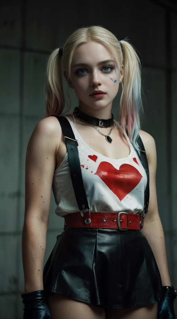 HarleyQuinn, light blue eyes, (best quality,ultra-detailed),(Realistic:1.37), beautiful and detailed face, Ultra-realistic texture, delicate face, athletic body, vivid colors. High definition, 8K.