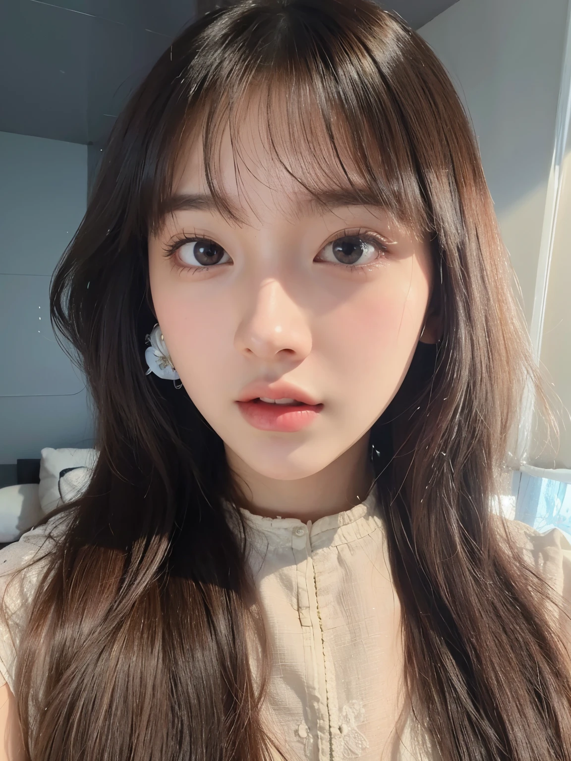 Close up of woman with long hair wearing white shirt, Larisa Manoval, Larissa Manoban of Blackpink, Cute and lovely Korean face, Fluffy bangs, cute - okay - with a face, with a round face, Twice's Tzuyu, With cute blank eyes, 8k selfie photo, round ball, soft round face, monochrome