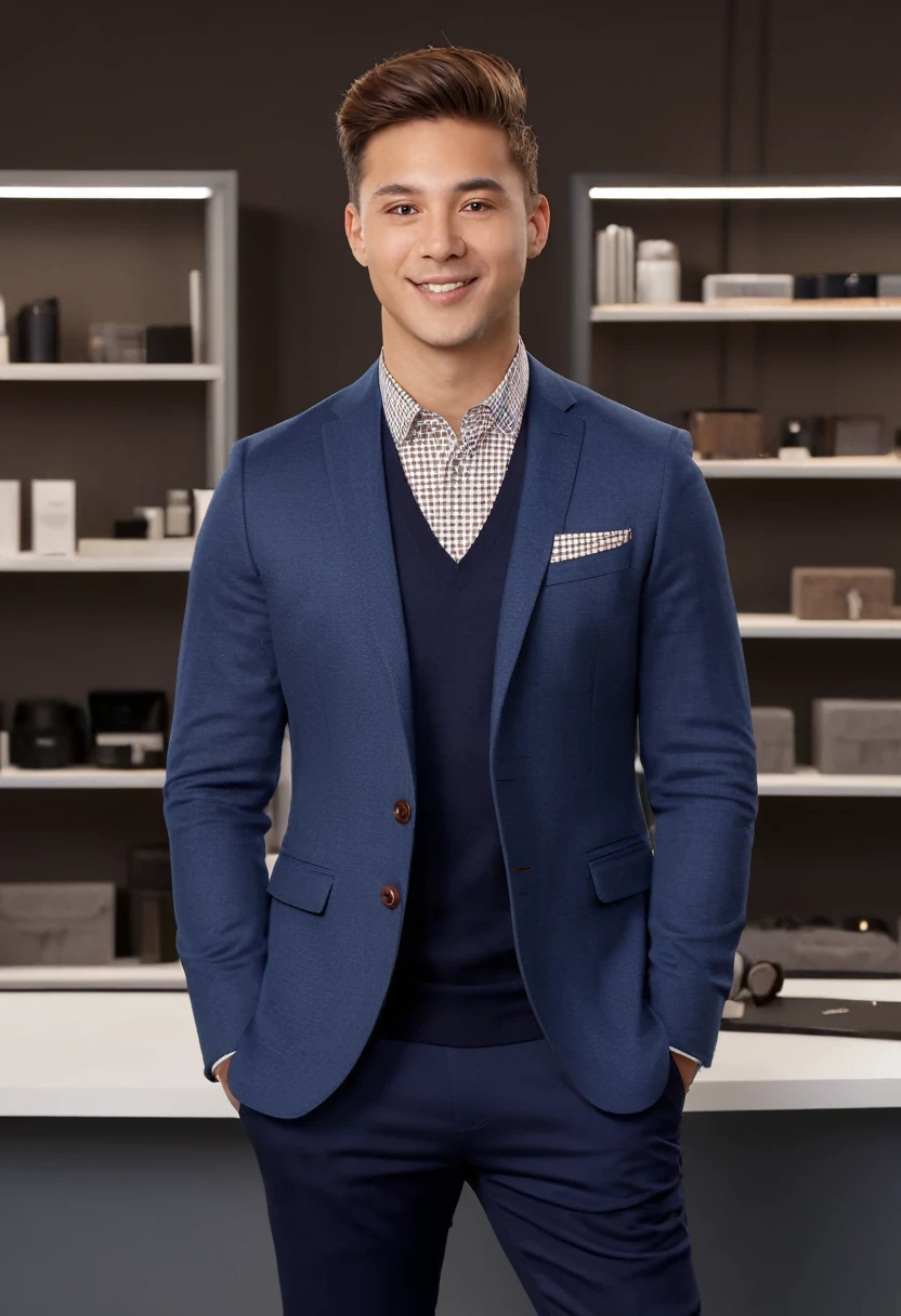 A male livestream retailer who is young, fair-skinned, and Mixed race, standing confidently in a modern, well-lit studio, dressed in casual business attire. The retailer exudes trustworthiness and professionalism, with a friendly and approachable demeanor. They have brown hair and brown eyes, with a neat haircut. The background includes shelves neatly organized with products, a professional camera setup, and soft ambient lighting enhancing the scene. The retailer is engaging with the audience, gesturing with one hand while talking. The image should have intricate fine details, hyper-realistic textures, and a warm, inviting atmosphere. HDRI for dynamic lighting, 32k UHD resolution, rendered with Blender, capturing every nuance of the scene.