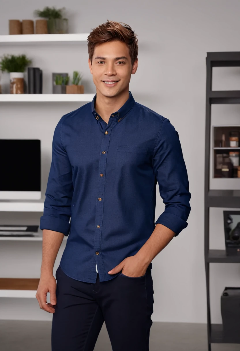 A male livestream retailer who is young, fair-skinned, and Mixed race, standing confidently in a modern, well-lit studio, dressed in casual business attire. The retailer exudes trustworthiness and professionalism, with a friendly and approachable demeanor. They have brown hair and brown eyes, with a neat haircut. The background includes shelves neatly organized with products, a professional camera setup, and soft ambient lighting enhancing the scene. The retailer is engaging with the audience, gesturing with one hand while talking. The image should have intricate fine details, hyper-realistic textures, and a warm, inviting atmosphere. HDRI for dynamic lighting, 32k UHD resolution, rendered with Blender, capturing every nuance of the scene.