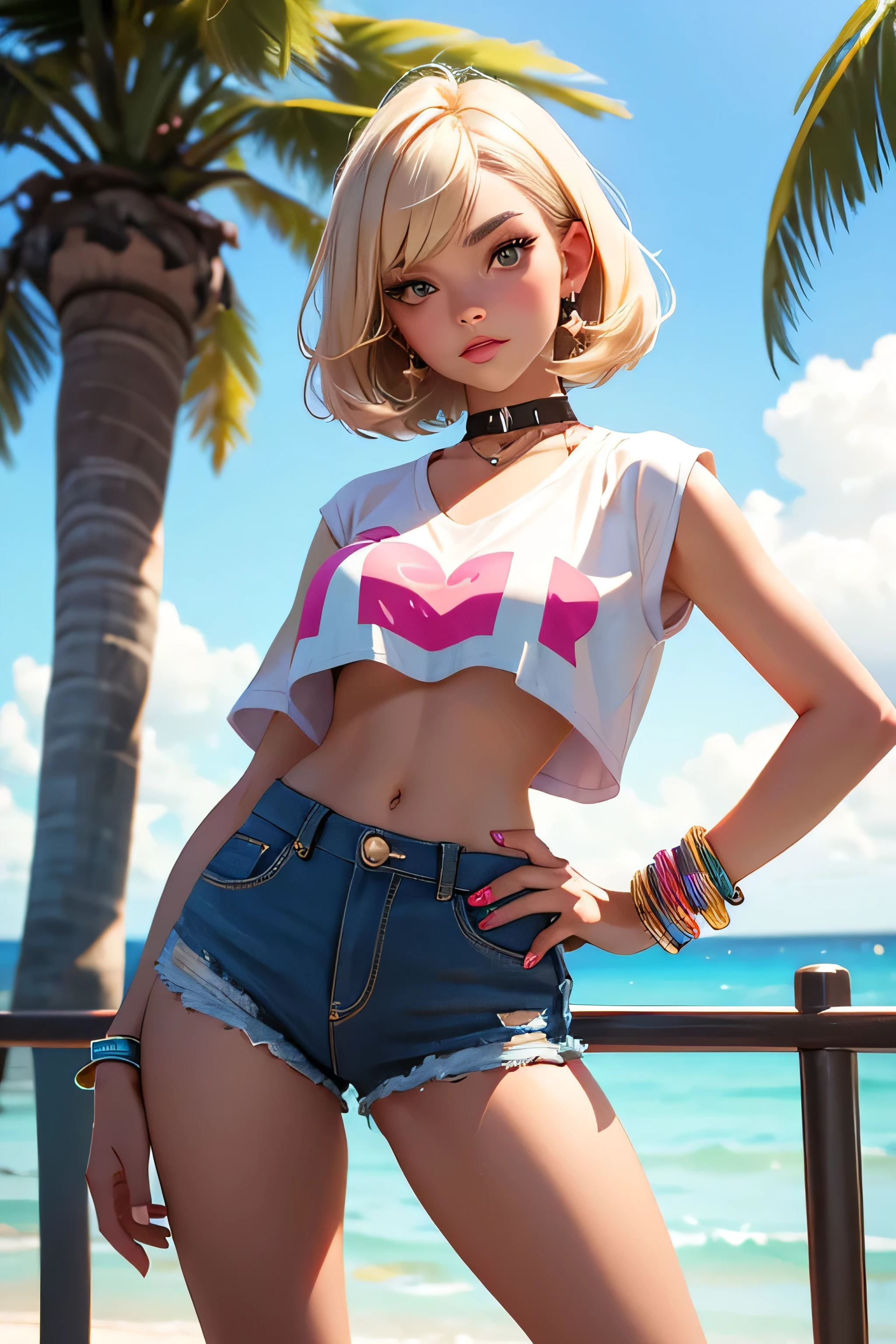 age girl-model 18 years old, beautiful, blonde, bob hair, bangs, brown eyes, beautiful figure, girl wearing crop shirt and too short mini shorts, beautiful long legs, slave bracelets, slave choker, manicure, cute makeup, flirtatiously posing, hot summer, hot flirty, sexy posing, summer outfit, top quality, higest quality, pin-up style, retro 80s style, Daisy Dukes style, slave girl, Miami vibes,