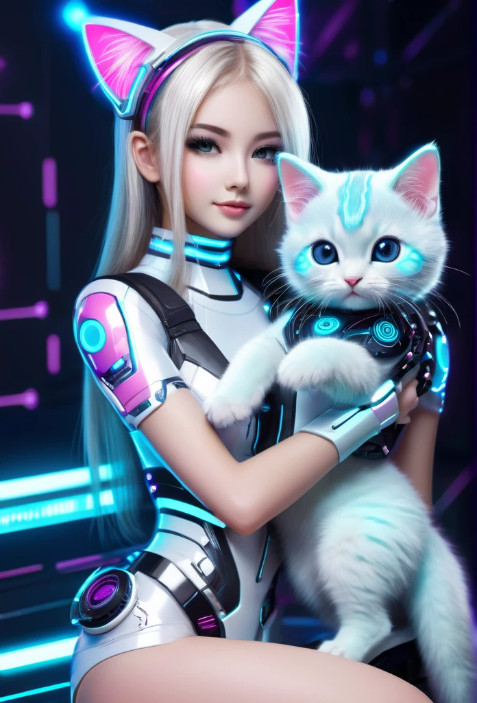 Cute cyber world with its cyber life and cyber creatures, in this cute cyber world a very beautiful and cute cyber girl with her cute cute cyber cat, cyber girl is shown in detail, cyber cat is shown in detail, high resolution, high technology, cybernetic creatures
