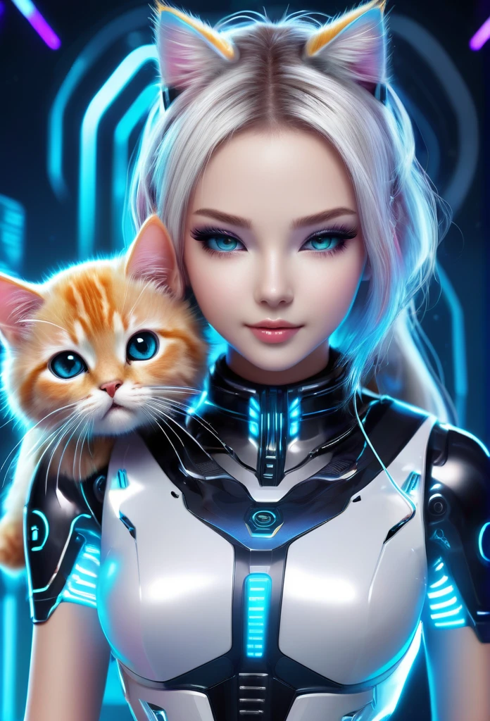 Cute cyber world with its cyber life and cyber creatures, in this cute cyber world a very beautiful and cute cyber girl with her cute cute cyber cat, cyber girl is shown in detail, cyber cat is shown in detail, high resolution, high technology, cybernetic creatures