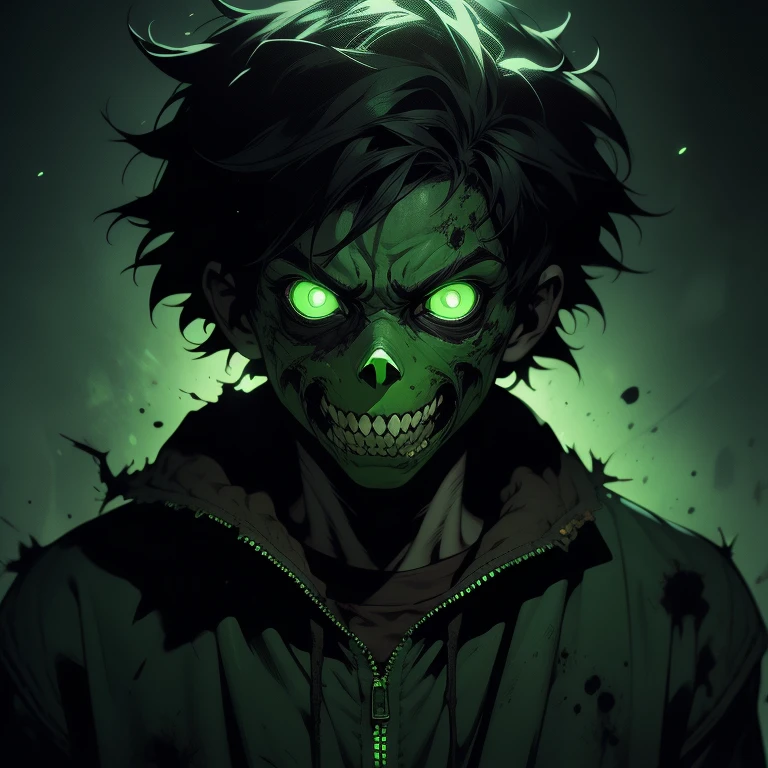 a zombie deku, 1boy, detailed zombie skin, detailed zombie eyes, detailed zombie mouth, tattered green hero costume, glowing green energy, dark moody lighting, muted color palette, highly detailed, cinematic composition, dramatic lighting, gritty, grunge, concept art style