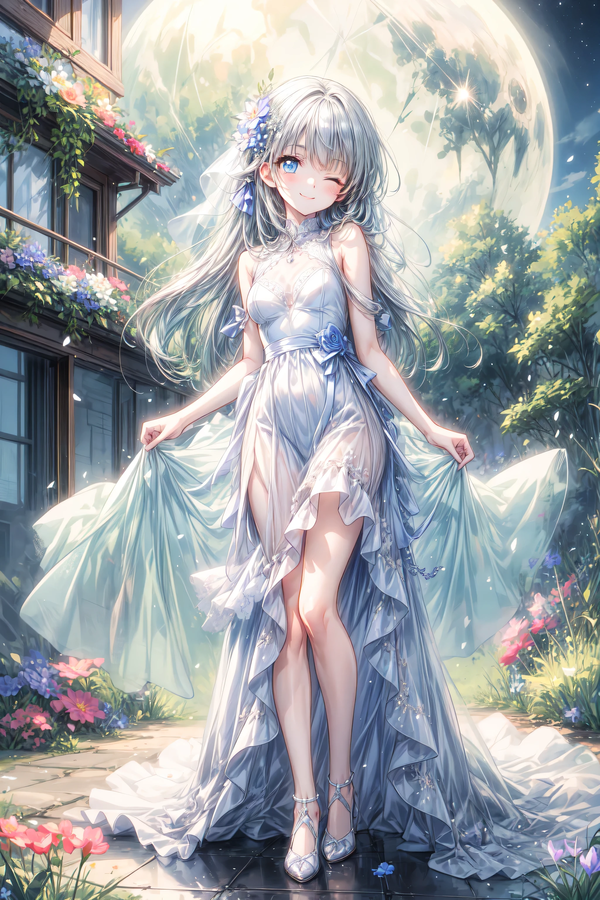 ((highest quality)), ((masterpiece)), (detailed), Perfect Face ,masterpiece, best quality, extremely detailed, anime, girl, blue eyes, silver hair, 8K, 4K,longhair,colorful,Wedding dress,small breast,expressive eyes,perfect face, moe, kawaii,cute,dress,eye focus, spectacular view, diamond shaped eyes, full body, smile,flower garden, eyes closed, night, moon