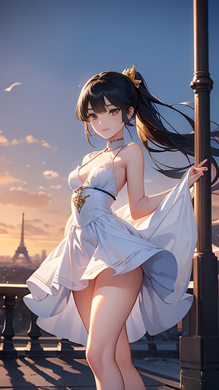 A captivating scene featuring a beautiful anime-style girl with distinctive facial features, With the Eiffel Tower in the French Wonderland in the background. The girl has her black hair in a ponytail, single eyelid, Hooded, humid, Deep Set, Striking, deep orange, captivating eyes. Her face turns into a gentle smile. Age is ************. legs are very thin. Thin thighs. Small hips. she、I will be wearing a traditional French feminine dress adorned with an intricate and pretty design and a feminine long skirt.。.Underneath she wears some very seductive underwear to show off to everyone.、 The French cityscape is depicted in the background.、On the roof. Capture the action as if she is jumping around playfully.。Performance Dance Action Skills, Added bell-up moves and session scenes. By combining these elements、The result is a masterpiece of exceptional quality.。. Bast size is very small.((Very small breasts. ))