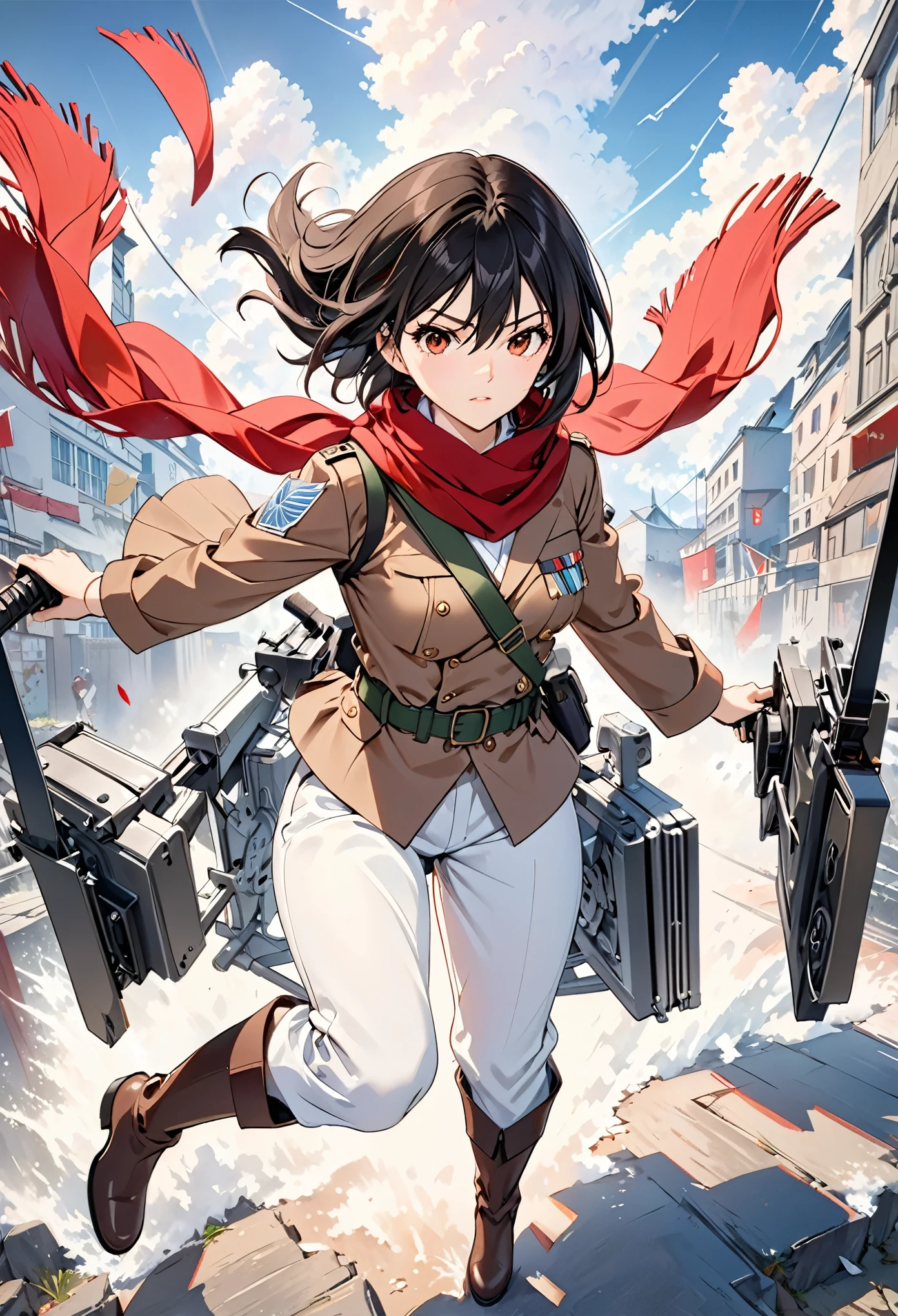 Mikasa Ackerman,1girl,solo,black hair,(Red scarf,red scarf:1.1),hair between eyes,
pants,belt,Survey Corps uniform,green regimental belt,paradis military uniform,brown jacket,3D Maneuver Gear,blades,holding weapon,three-dimensional maneuver gear,tall boots,white shirt,
A shot with tension,(Visual impact,giving the poster a dynamic and visually striking appearance:1.2),impactful picture,
(masterpiece, best quality:1.2),offcial art,colorful,splash of color,movie perspective,advertising style,magazine cover,(full body:1.1),