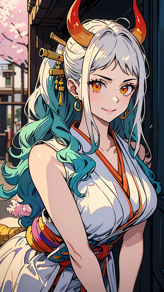 highest quality、Best image quality、masterpiece, (Photorealistic:1.4),Beautiful lighting, Film Grain, ((Slim girl)), yamato, Long Hair, 1 Girl, horn, Gray Hair, only, They are, 赤いhorn, 巻きhorn, hair ornaments, (多色のhorn), jewelry, Earrings, kimono, kimono, Hairpin, Sleeveless, Exposing shoulders, Aqua Hair, Side Lock, hoop Earrings, In the same way, smile, smile, ((Orange eyes, Slim girl)), Big Breasts , sexy pose, bewitching pose, leaning forward, In an alleyway where cherry blossoms bloom、