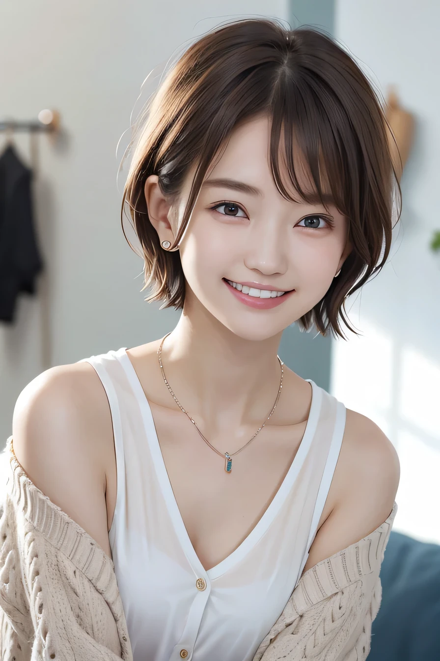 205 ((short hair)), 20-year-old female, In underwear、cardigan、Not through the sleeves、Wear it on your shoulder、 A refreshing smile、Beautiful teeth alignment、、Dark brown hair、ear piercing、Necklace around the neck、Looking into the camera

