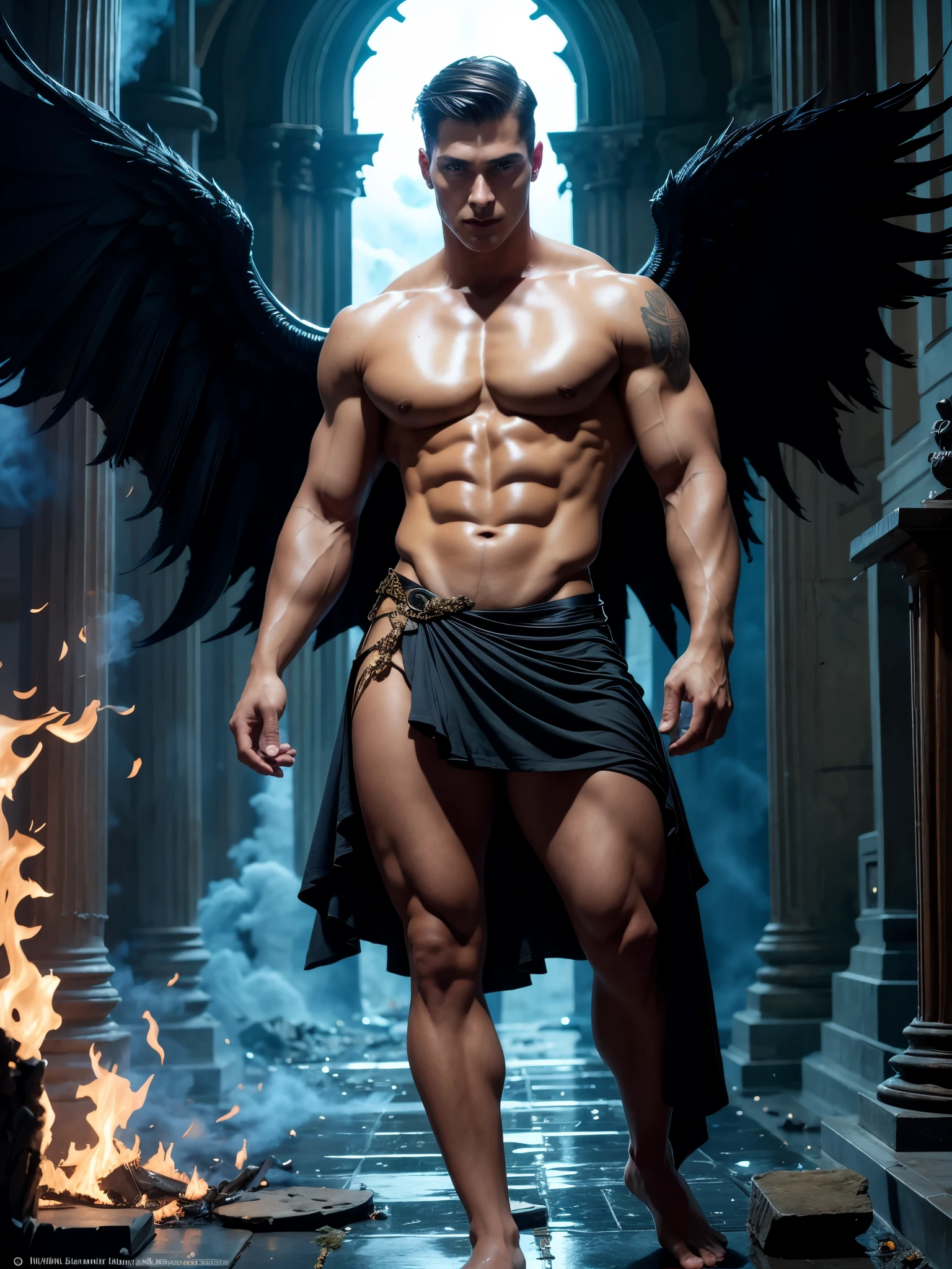 Photo-realistic, ((best quality)), ((masterpiece)), (detailed), perfect face, short hair, the devil, masculine portrait of the devil, personification of The Devil, evil look, super pale skin, (dark massive huge majestic black angel wings:1.2), black dragon horns, 18-year-old, super male model, handsome, tall, cute evil looking, dark look powerful, young male model, handsome mythical creature, super strong, muscular, fit, massive muscles, six pack, clean shave, blue eyes. wavy messy brown hair, short messy hair, messy wavy hair, shirtless, bare-chested, muscle, ripped, strong body, fit body, barefoot, ancient linen Greek small skirt, antique black linen  cloth skirt, Dark background 8k, high detailed, ultra-detailed, Stylish Pose, real skin texture, dramatic cinematic lighting, ruins Gothic cathedral, ruins, fire, (floor burning:1.4)
