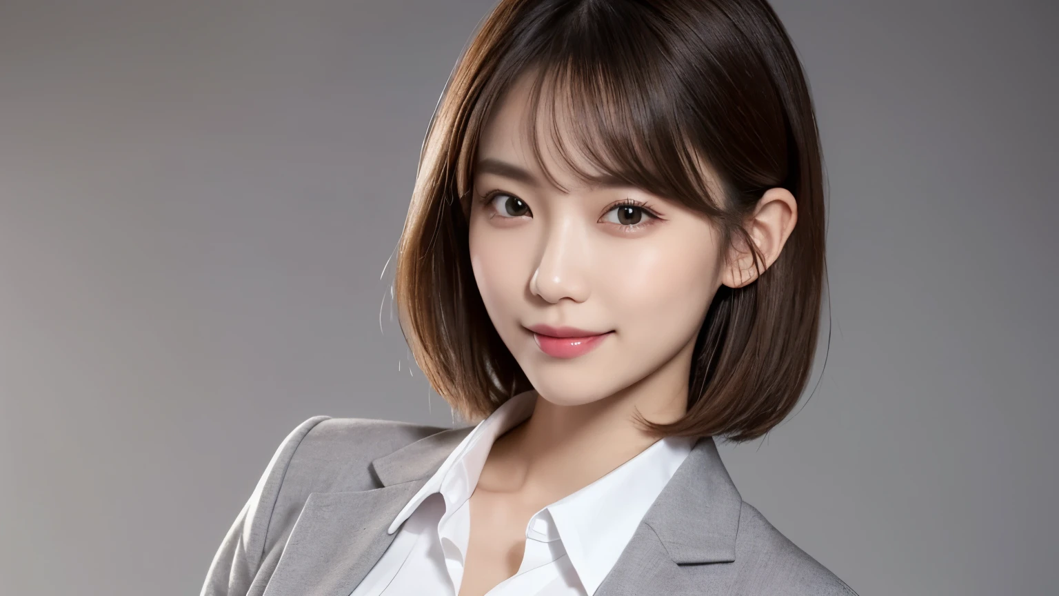 (Very detailed CG Unity 8k wallpaper, highest quality, Very detailed, Looking at the camera:1.2, The light shines on your face:1.5, Gray background, Professional Lighting), Japan female, 26 years old, Upper body composition with brightly lit face. She has an oval face, Soft arched eyebrows, bright expressive eyes,, pronounced nose, And a friendly smile. Her hair is shoulder-length, straight, Dyed a light chestnut color. She is wearing a smart casual blouse, Probably soft colors, Paired with a chic blazer, Embody her lively and sociable personality