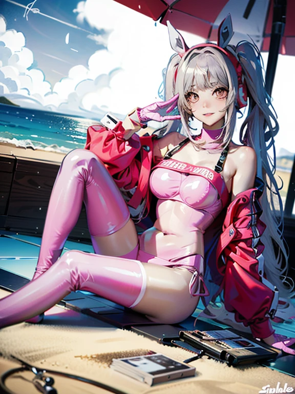 1girl, absurdres, bikini, black_bikini, black_jacket, bracelet, round chest, closed_mouth, smile,happy collarbone, commentary_request,alice (nikke), hair_ornament, hairclip, highre, idolmaster, idolmaster_shiny_colors, jacket, jewelry, large_chest, looking_at_viewer, multiple_bracelets, navel, off_shoulder, open_clothes, open_jacket, pearl_bracelet, purple_eyes, long_hair, side-tie_bikini_bottom, signature, strap_slip, swimsuit, twintails, very long hair, grey hair, headset with baby bunny ears, pink eyes, shrug \(clothing\), multicolored gloves,sitting in a beach,lay on towel,full body,sexy pose,hand hold a drink,sitting underneath a beach umbrella ,whole body ,3/4 angle, fish fov
BREAK
((masterpiece)), (top quality), (best quality), (((ultra-detailed, 8k quality))), (large masterpiece digital art), (detailed line art), ((perfect anatomy)), extremely detailed body, extremely detailed finger, best hands, perfect face,perfect ears, beautiful face, (blush), extremely detailed eyes, ((expressive eyes)), gradient eyes, beautiful eyes,glowing eye pupils,perfect ears,perfect eyes, perfect fingers,perfect nails,
BREAK
(intricate background of scene decorations), beach space,after noon atmosphere,after noon light,sandy beach,pov eye,1 lighting,dynamic lightin,palm trees,sea starts,sparkles,calamari on the bach,rocks,1towel1 drink,beach umbrella