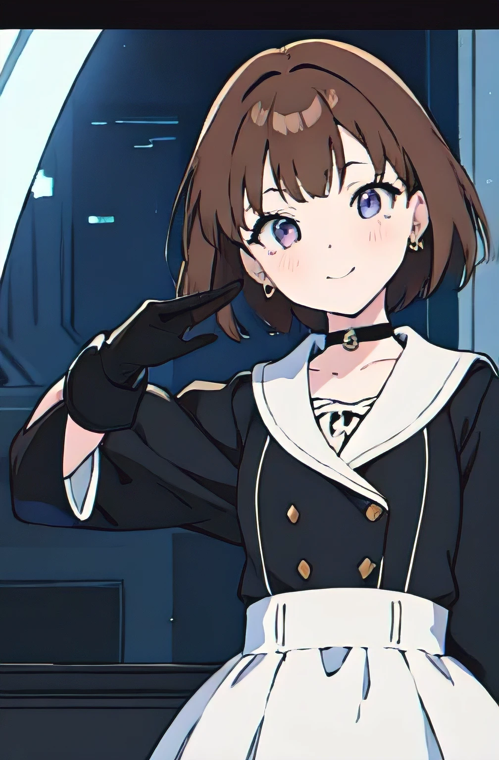 1girl, anime_coloring, black_eyes, black_gloves, brown_hair, choker, earrings, gloves, jewelry, letterboxed, parody, short_hair, smile, solo, style_parody,