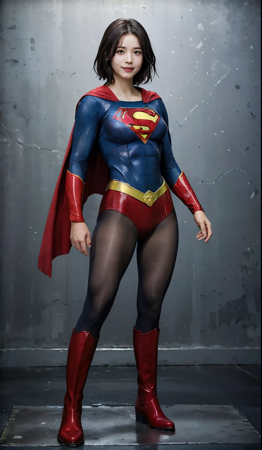 No background、(((Beautiful legs in black tights.)))、(((Legally express the beauty of your smile)))、((((Make the most of your original images)))、(((Supergirl Costume)))、(((beautiful short bob hair)))、(((suffering)))、(((Please wear black tights....、Wear red boots)))、((Best image quality、8K))、((highest quality、8K、masterpiece:1.3))、(((Preserve background )))、Sharp focus:1.2、Beautiful woman with perfect figure:1.4、Thin abdominal muscles:1.2、Wet body:1.5、Highly detailed face and skin texture、8K