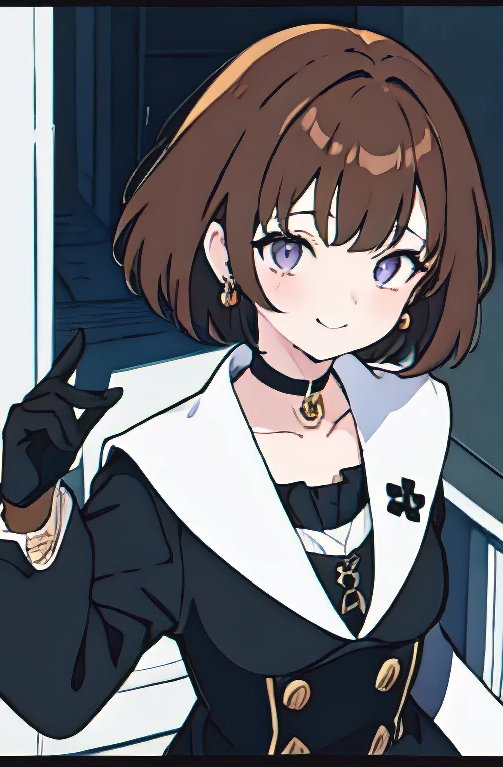 1girl, anime_coloring, black_eyes, black_gloves, brown_hair, choker, earrings, gloves, jewelry, letterboxed, parody, short_hair, smile, solo, style_parody,