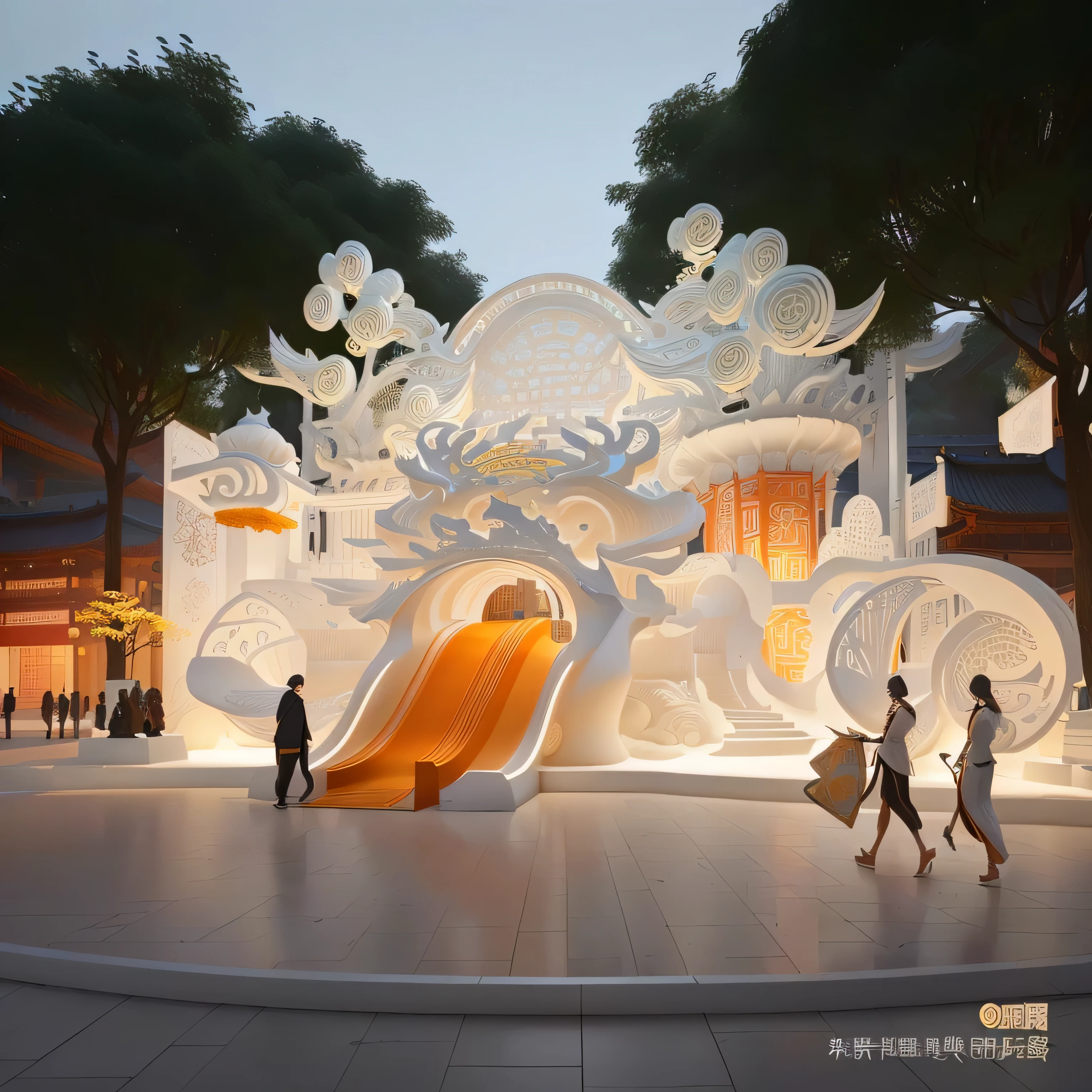 there are people walking around a large white sculpture with a slide, by Zha Shibiao, intricate 3 d illustration, a beautiful artwork illustration, beautiful render of tang dynasty, chinese style, architectural concept, amusement park interior design, concept illustartion, 3d illustration, 3 d illustration, concept illustration, complex 3d scene, inspired by Huang Gongwang