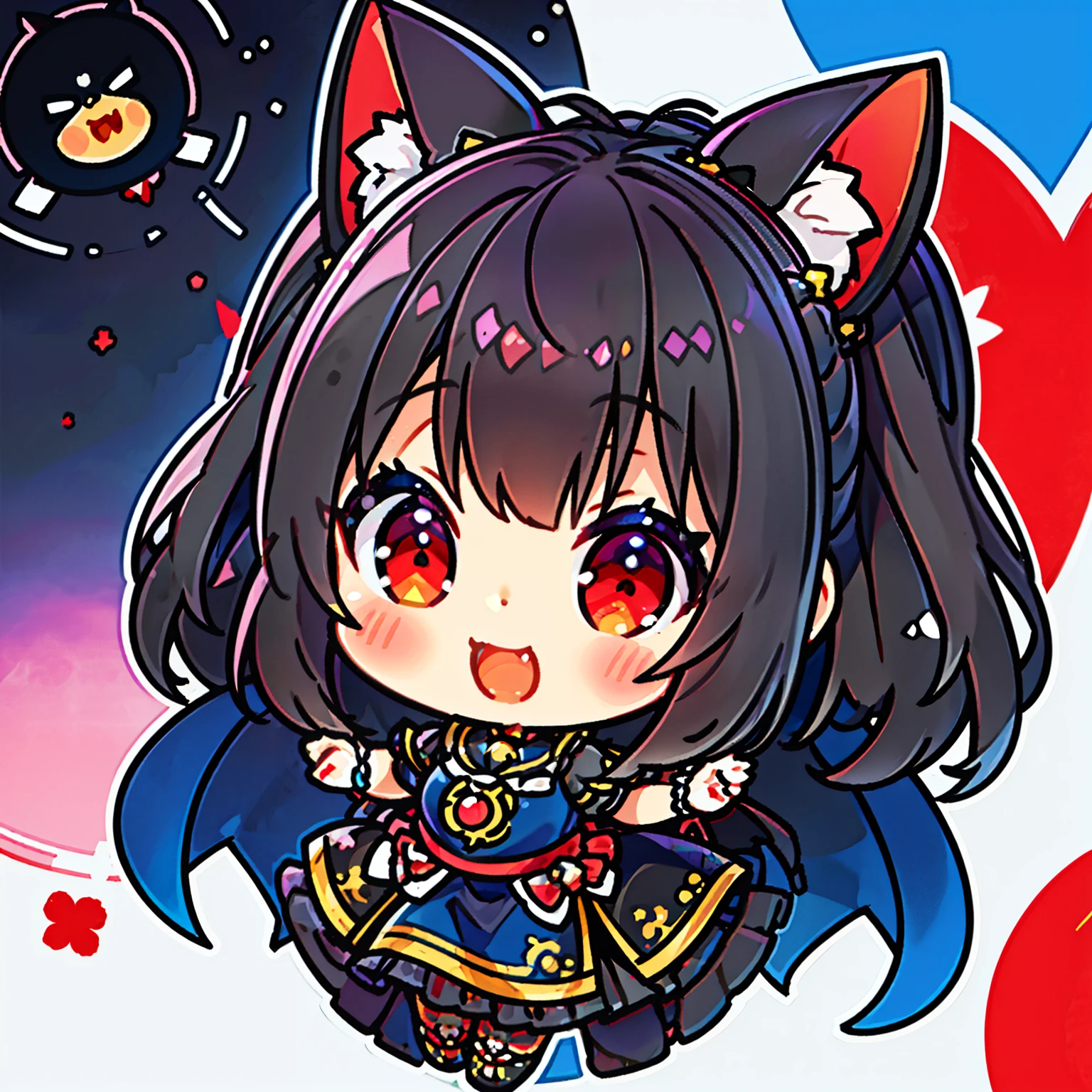 (junkotvv), (gran calidad), Hija,sonrisa adorable,orejas de gato,ojos rojos, coda,pelo negro medio con flequillo,cheongsam azul,medias blancas,tacones altos,tchibi