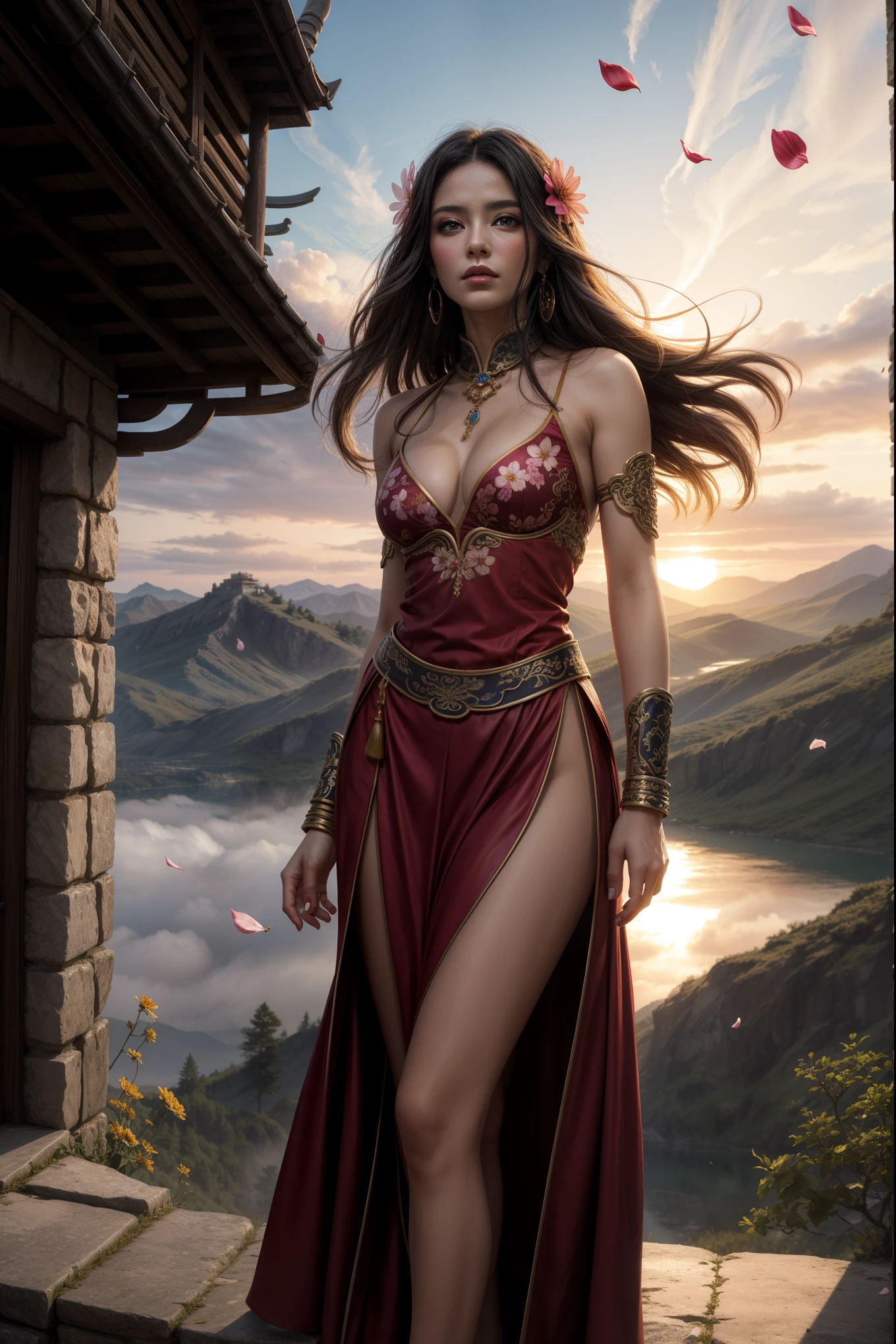 Epic fantasy concept art, oil illustration, beautiful European woman 30 years old with very long dark hair flowing in the wind, dressed in ancient Asian fantasy outfit of oriental beauty with precious jewelry and long ribbons, symmetrical body, symmetrical arms, flowing long layered skirt with floral pattern, woman standing at full height in an expressive dramatic pose high in the mountains, wind, (flying flower petals: 1.3), cherry blossom trees, flowers, mountains far in the background, waterfalls, ancient Chinese castle, (background detail) , sunset, sunset sky with clouds, symmetrical, random perspective, (High detail: 1.2), hdr, computer graphics, (complex detail: 1.1), best quality, (artstation: 1.3), (epic fantasy: 1.1 ), epic realism, (cinematic: 0, 8), masterpiece, dark fantasy, cinematic atmosphere, rich colors,