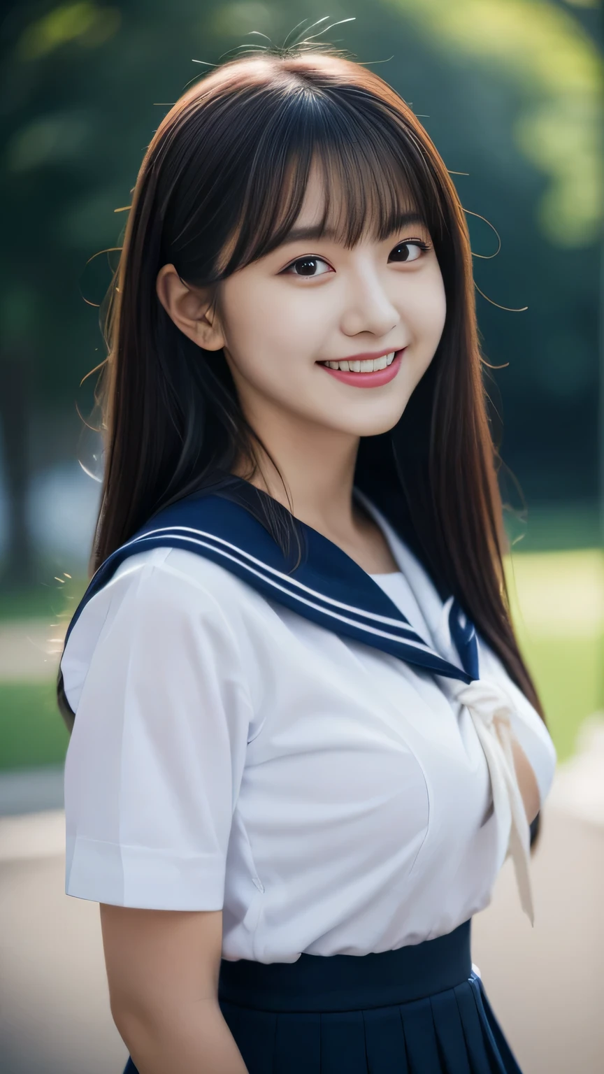 Close-up of a woman posing for a photo, The most beautiful Japanese models, 18 year old female model, 4K、bangs、Black-haired, Slightly longer bob hair, Mid-length hair, Straight hair、(White shirt, Sailor , Dark blue pleated skirt:1.2), (Super cute idol-like face:1.4), Upper Body, Slim and beautiful figure, sexy, Beautiful breasts, Laughter, The background is an empty park, (RAW Photos, highest quality, masterpiece, Super detailed, Ultra-high resolution, Realistic),