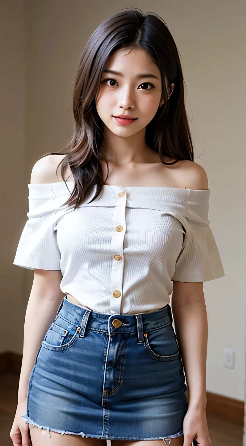 Very detailed CG Unity 8k wallpaper、highest quality、Very detailed、masterpiece、reality、Realistic、Very detailedなかわいい女の子、18-year-old、(High school girl in Japanese uniform)、((White short sleeve buttoned cotton shirt:1.5))、((A woman wearing a white short-sleeved off-the-shoulder shirt:1.4))、((Shooting from the front:1.4))、((Stand in an empty room:1.4))、((Standing with a smile:1.4))、blush、Cleft lip、Looking at the audience、((Cowboy Shot:1.4))、((Navy Blue Denim Mini Skirt:1.5))、((straight medium long hair:1.7))、(Beautiful Face:1.3)、(Perfect balance:1.2)、(Long legs:1.2)、(Small breasts:1.3)、((Upper Body))、((Model pose:1.4))、Angle from below、reality、