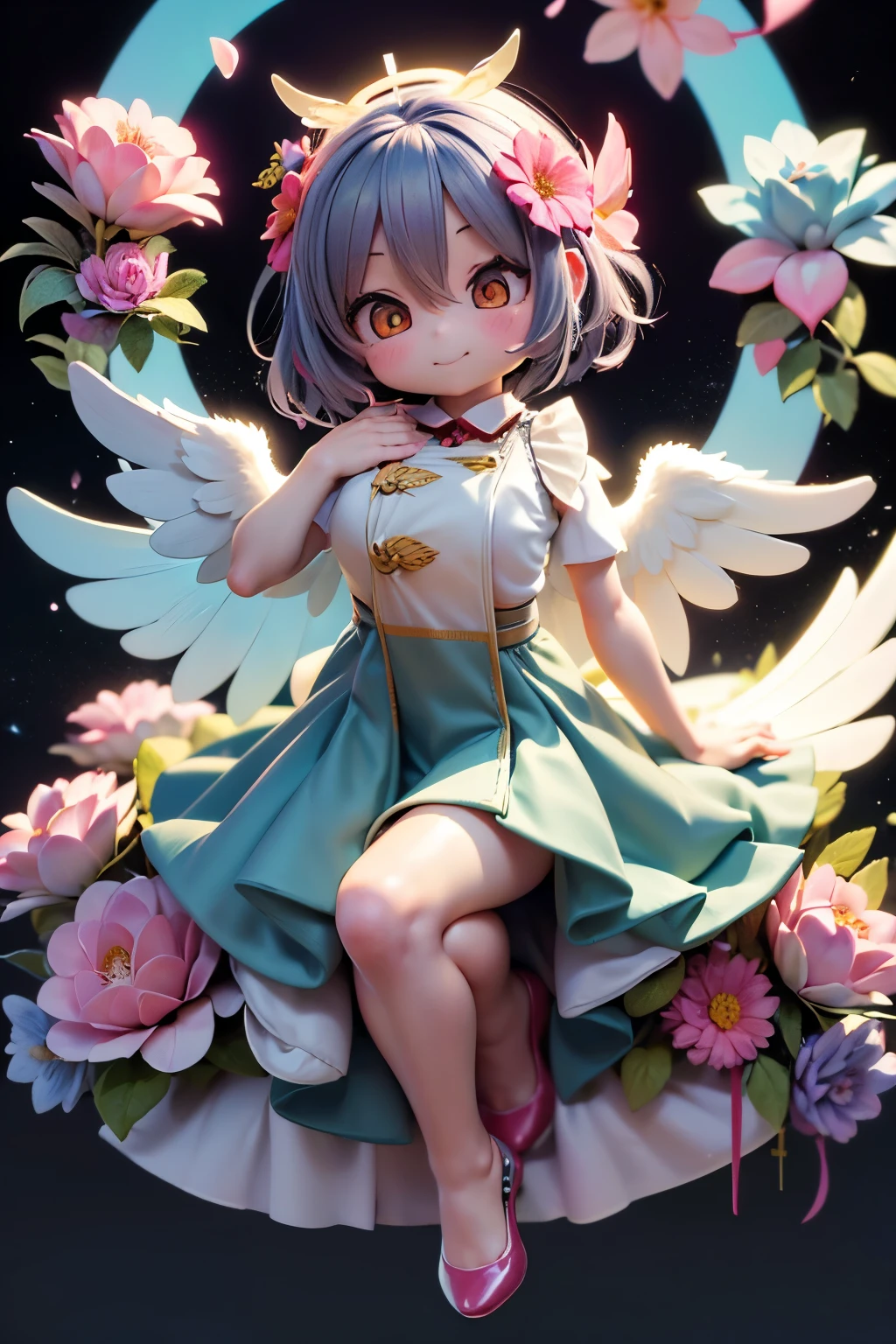 Very detailed,(Fractal Art:1.1),(colorful:1.1)(Flowers:1.3)、 (Dynamic pose), (A bright and shining heaven:1.3)、(Many colors:1.4)、Place the small doll on a circular stand、Cute pose、Laughter、Gray-haired、Chibi Doll、stars are reflected in my eyes(about)、(((Giant Breasted:1.6))),Sing with a microphone、look up、smile、Cute red shoes、Very detailed, Dazzling Light、Bioluminescence、Stronger bokeh effect、Shooting from the side、(((A giant angel halo on his head))),(((With giant angel wings))),giant shinigami scythe:1.4、(((Belly tattoo)),