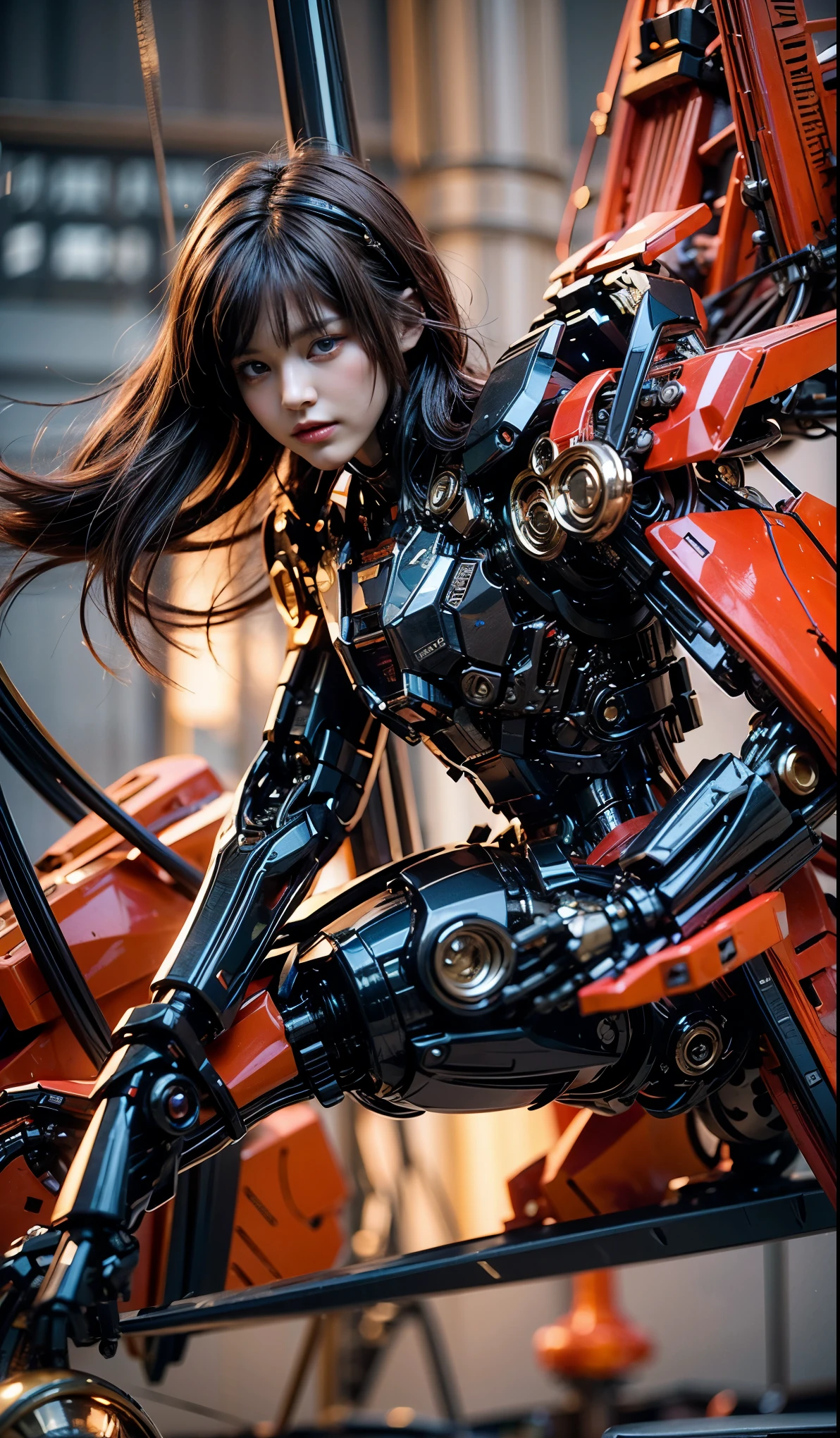 (top-quality:1.2, masterpiece)、ultra high resolution、extremely ultra surrealism, (Photorealsitic:1.4)、Raw photo、(Steampunk Battle Cyborg fallen angel)、large wings made of metal、black porcelain body、red hair、glowy skin、1 Cyborg girl、(mechanical frame:1.3)japanese, extremely cute face, ((super realistic details))、portrait、globalillumination、Shadow、octan render、8K、ultrasharp、character edge light、Details of complex ornaments、Acrylic Clear Cover、Sumerian details、Hydraulic cylinder、Small LED lamp、highly intricate detail、Realistic light、a purple eye、radiant eyes、Facing the camera、neon details、cowboy shot、Futuristic headgear、About Cyberpunk