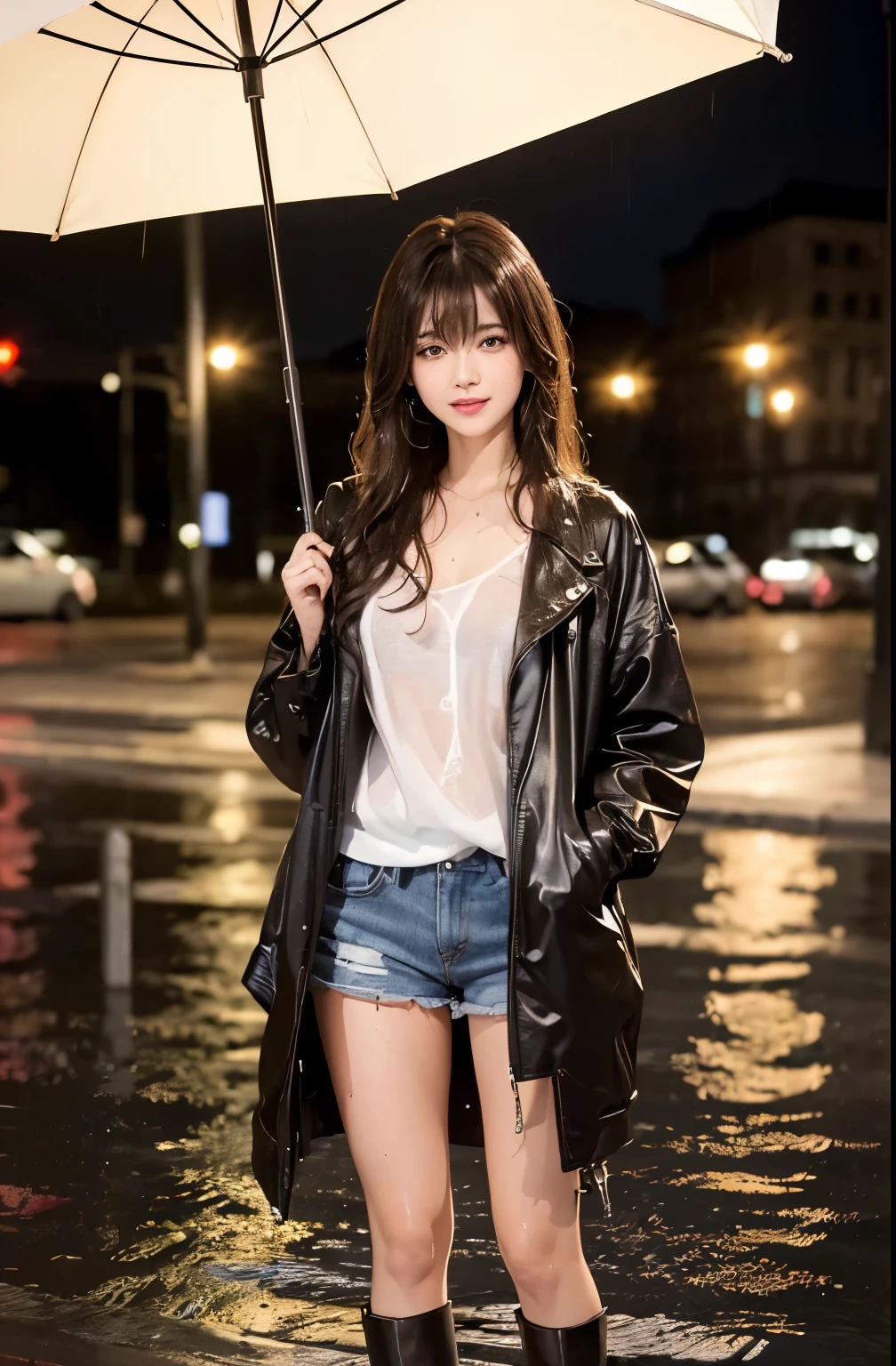 (Getting wet in the rain、Downtown at night)、(masterpiece: 1.3), (8k, Realistic, RAW Photos, highest quality: 1.4), (One Girl), Beautiful Face, (Realistic Face), (Brown long hair: 1.3), Beautiful Hairstyles, (bangs), (smile), smile, Realistic eyes, Gloss, highlight, highlight in the Eyes, eyelash, Beautiful details in the eyes, (Realistic Skin), (((Full Body Shot、Wet hair、clothes you're used to、Dripping Raindrops)))、Beautiful Skin, Transparency、 bust, smile, teeth, Confused, charm, 超High resolution, Ultra-realistic, High resolution, Golden Ratio, Clear eyes, Wet, Mole, Looking into the camera, ear, Shine, Long neck, double eyelid, Big eyes, cheek, kind character, charm personality, kind, Move, 圧倒的なcharm, bright personality