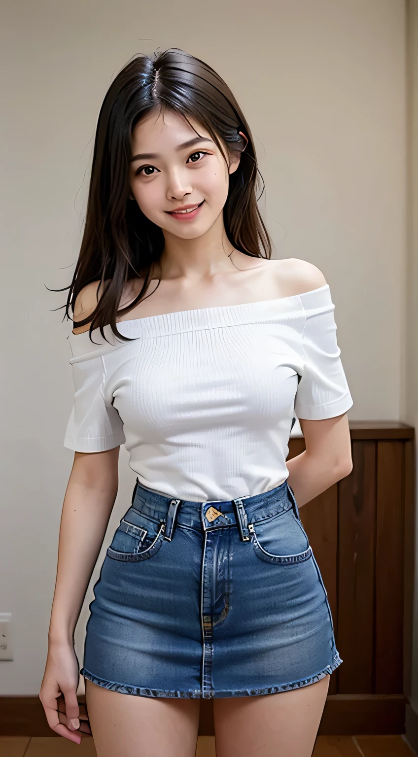 Very detailed CG Unity 8k wallpaper、highest quality、Very detailed、masterpiece、reality、Realistic、Very detailedなかわいい女の子、18-year-old、(High school girl in Japanese uniform)、((White short sleeve buttoned cotton shirt:1.5))、((A woman wearing a white short-sleeved off-the-shoulder shirt:1.4))、((Shooting from the front:1.4))、((Stand in an empty room:1.4))、((Standing with a smile:1.4))、blush、Cleft lip、Looking at the audience、((Cowboy Shot:1.4))、((Navy Blue Denim Mini Skirt:1.5))、((straight medium long hair:1.7))、(Beautiful Face:1.3)、(Perfect balance:1.2)、(Long legs:1.2)、(Small breasts:1.3)、((Upper Body))、((Model pose:1.4))、Angle from below、reality、