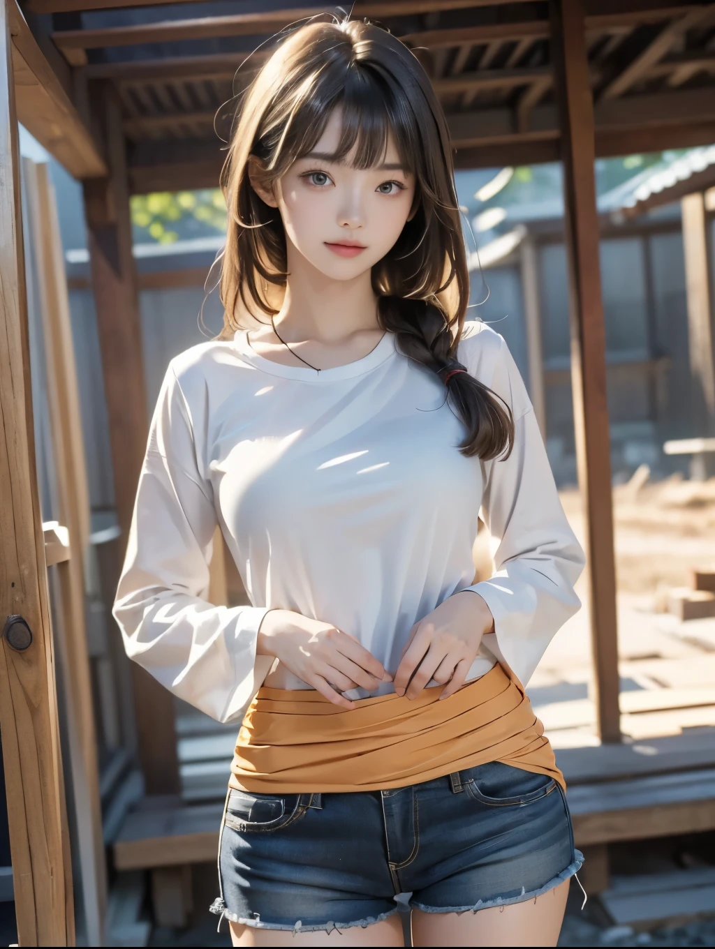 (highest quality,masterpiece:1.3,Ultra-high resolution),(Very detailed,8k), (Realistic:1.4, RAW shooting),((sfw: 1.4)),((detailed face, professional photography)), ((sfw, construction worker outfit, pulled back hair, 1 Girl)), Ultra High Resolution, (Realistic: 1.4), RAW Photo, Best Quality, (Photorealistic Stick), Focus, Soft Light, (()), ((Japanese)), (( (young face))), (surface), (depth of field), masterpiece, (realistic), woman, bangs, ((1 girl))、(((Anatomically correct)))、(Perfect Body Proportions)、(Natural Hands、Natural Fingers、Natural Legs)