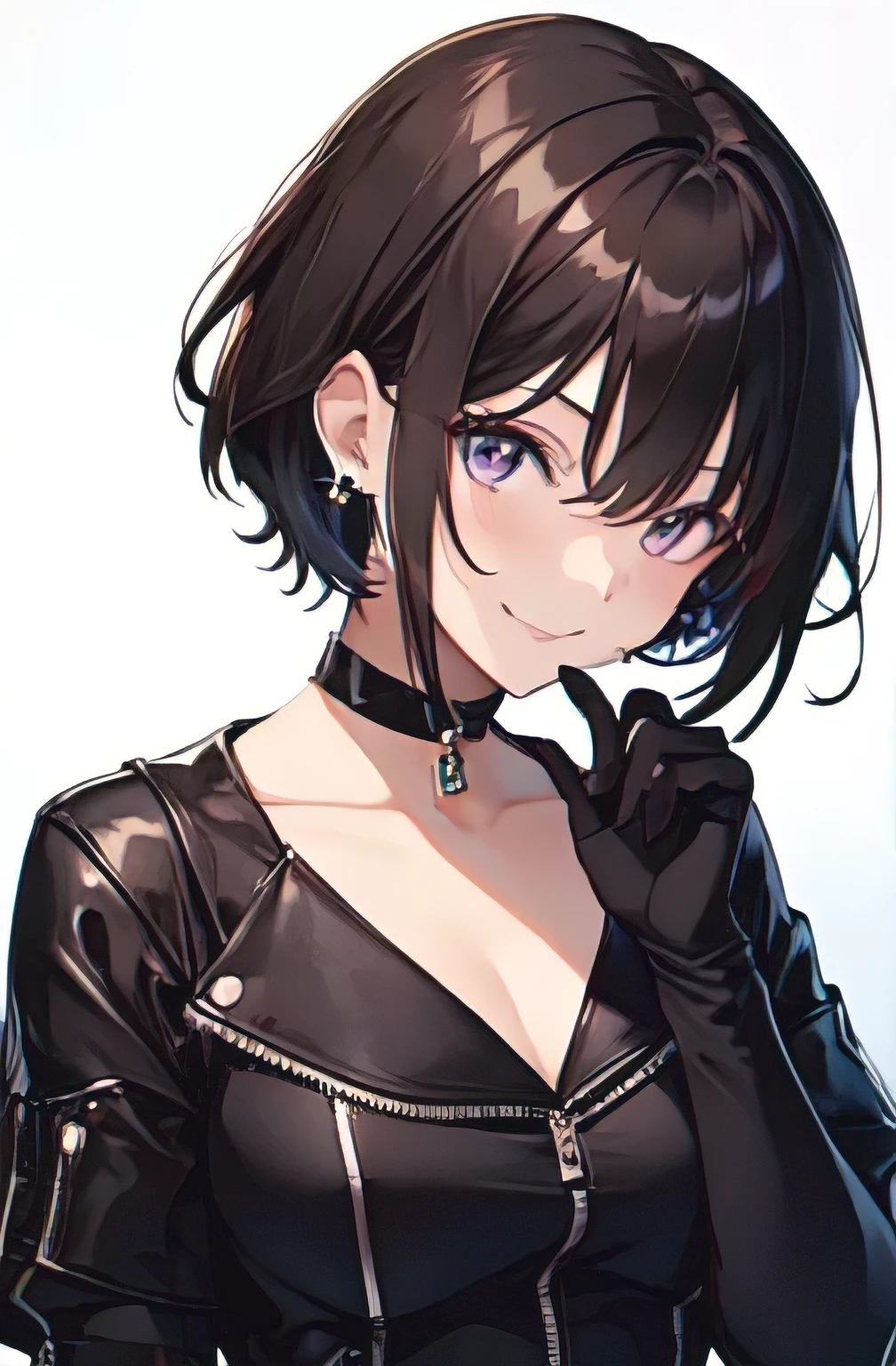 1girl, anime_coloring, black_eyes, black_gloves, brown_hair, choker, earrings, gloves, jewelry, letterboxed, parody, short_hair, smile, solo, style_parody, / photography of a 20yo woman, perfect face, masterpiece, bra, underwear, black_bra, jacket, black_panties